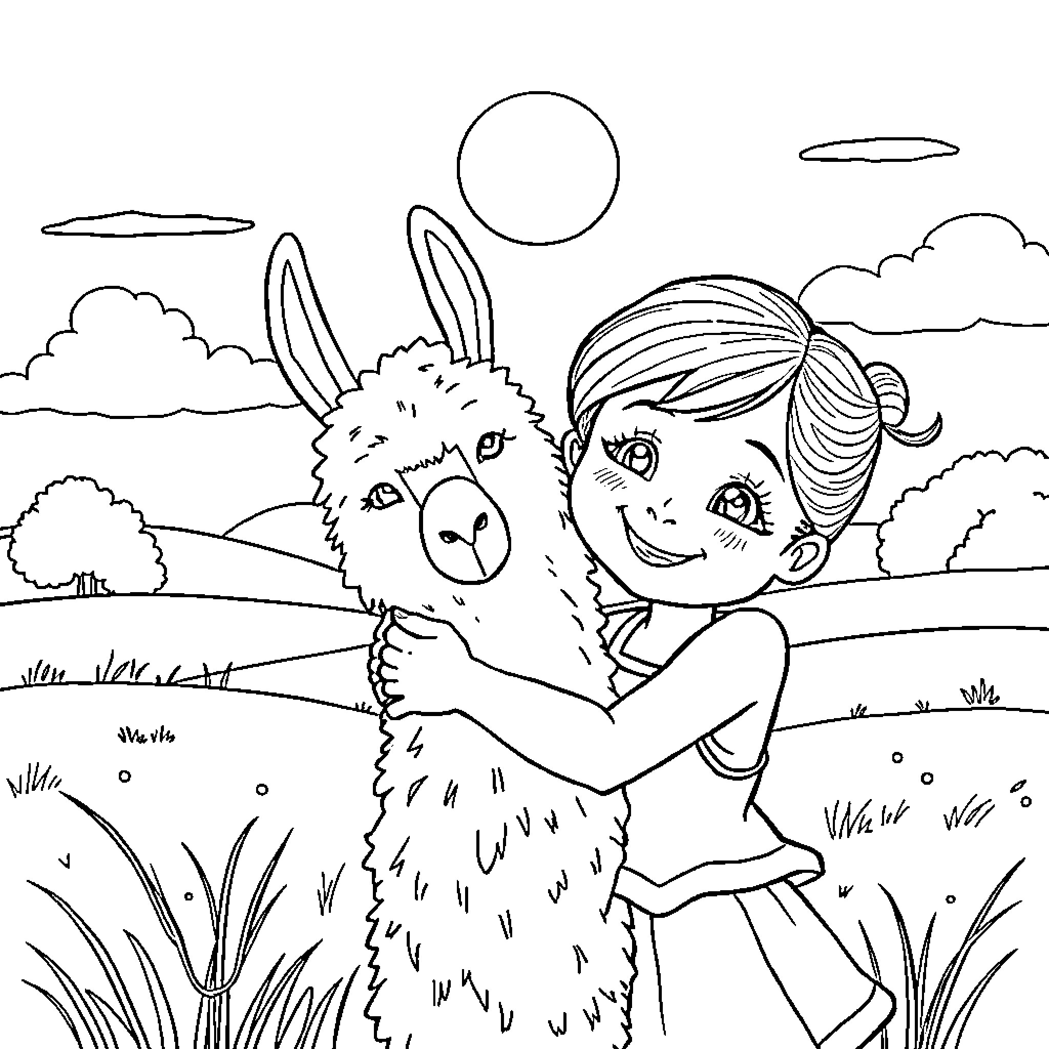 Girl Cuddling Friendly Llama in Outdoor Scene Coloring Page (free black-and-white line drawing printable PDF for all, from beginners to advanced learners, including children, teens, adults, and seniors)