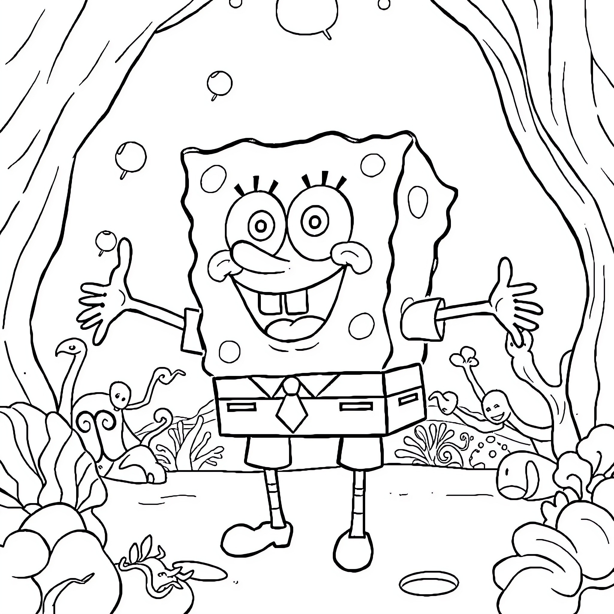 Spongebob in a cheerful underwater scene Coloring Page (free black-and-white line drawing printable PDF for all, from beginners to advanced learners, including children, teens, adults, and seniors)