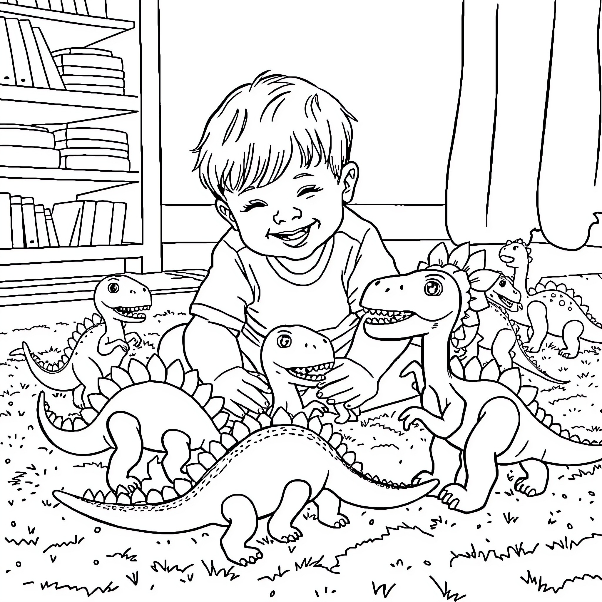 Kid playing with toy dinosaurs happily Coloring Page (free black-and-white line drawing printable PDF for all, from beginners to advanced learners, including children, teens, adults, and seniors)