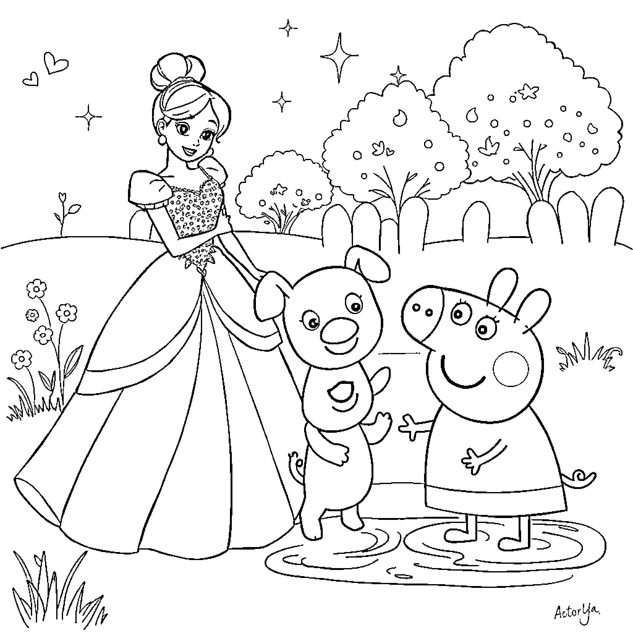 Cinderella enjoys a magical day with friends Coloring Page (free black-and-white line drawing printable PDF for all, from beginners to advanced learners, including children, teens, adults, and seniors)