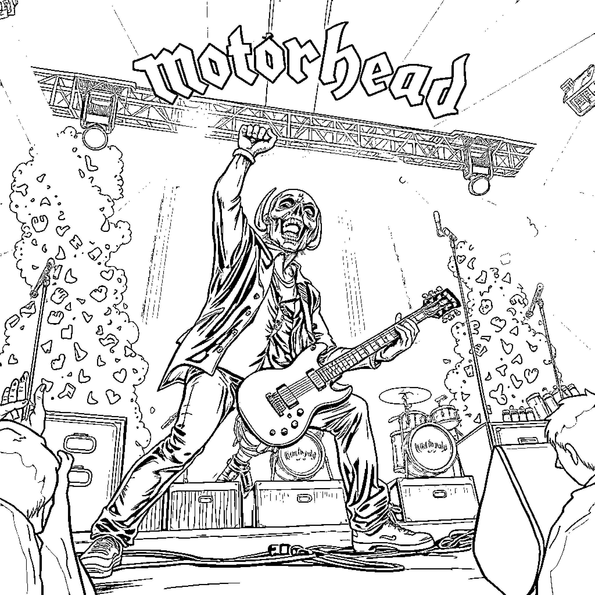 Motörhead band performing energetic rock show Coloring Page (free black-and-white line drawing printable PDF for all, from beginners to advanced learners, including children, teens, adults, and seniors)