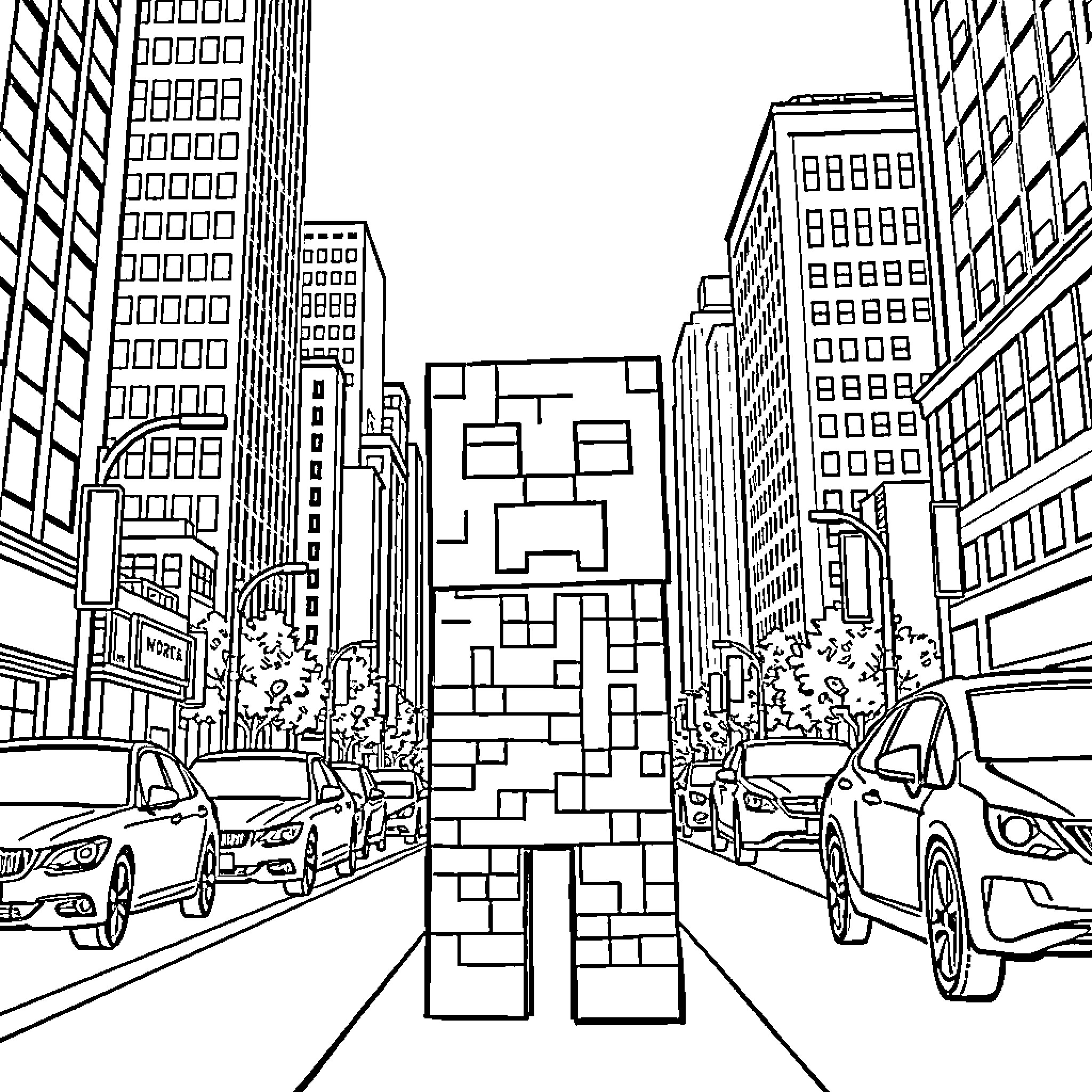 Creeper Navigates the Bustling City Streets Coloring Page (free black-and-white line drawing printable PDF for all, from beginners to advanced learners, including children, teens, adults, and seniors)