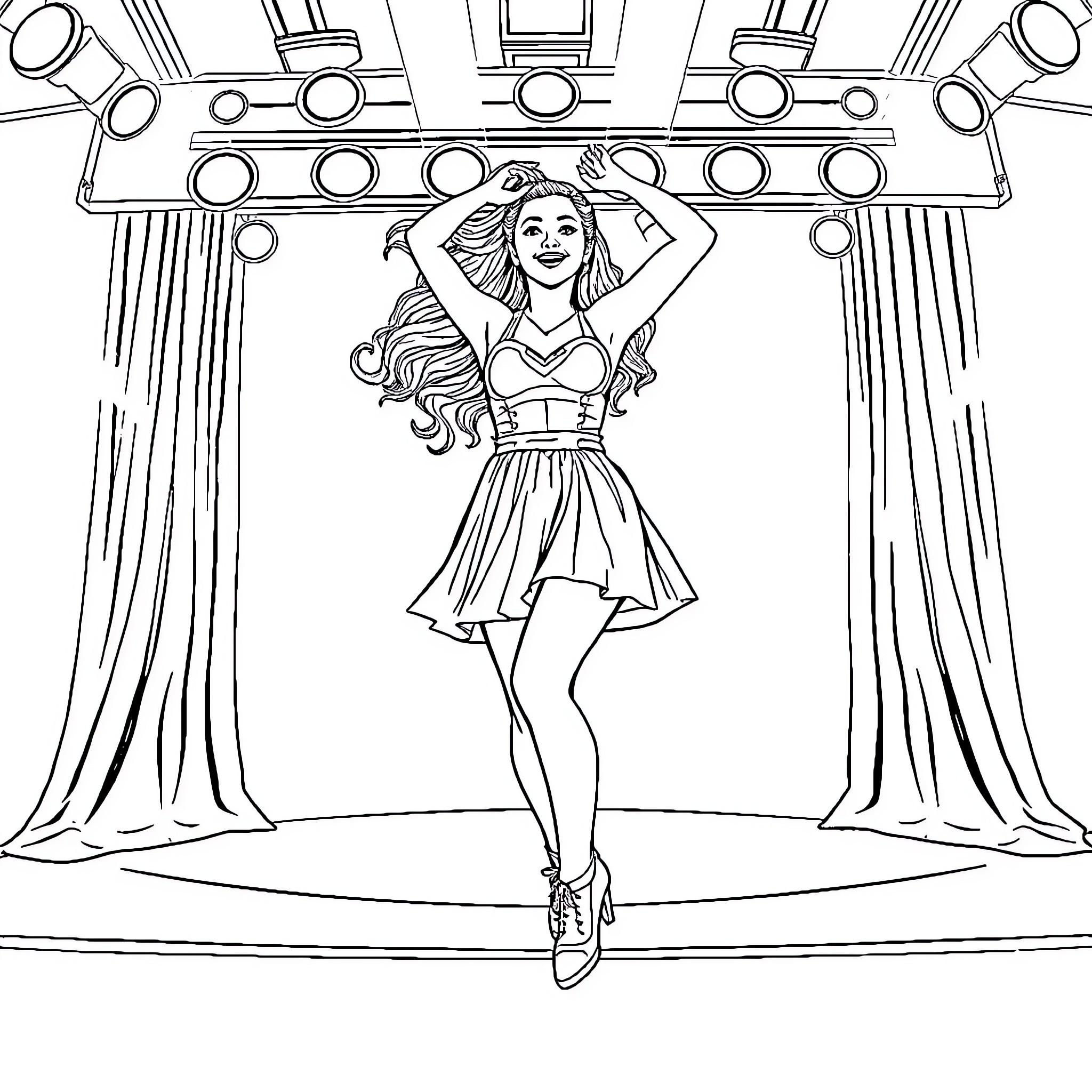 Ariana Grande performs on stage with energy and joy Coloring Page (free black-and-white line drawing printable PDF for all, from beginners to advanced learners, including children, teens, adults, and seniors)