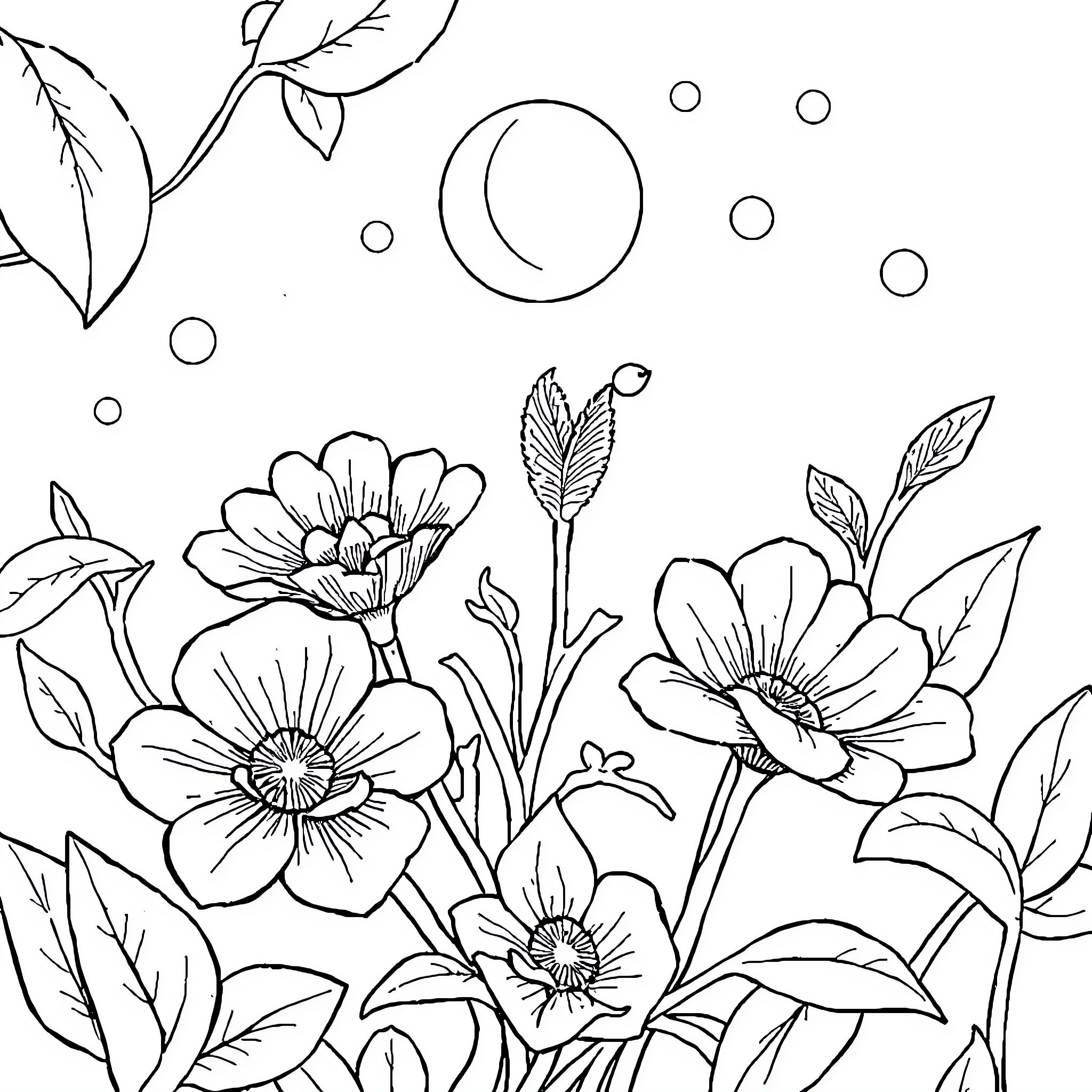 Letter with floral elements and moon shapes Coloring Page (free black-and-white line drawing printable PDF for all, from beginners to advanced learners, including children, teens, adults, and seniors)
