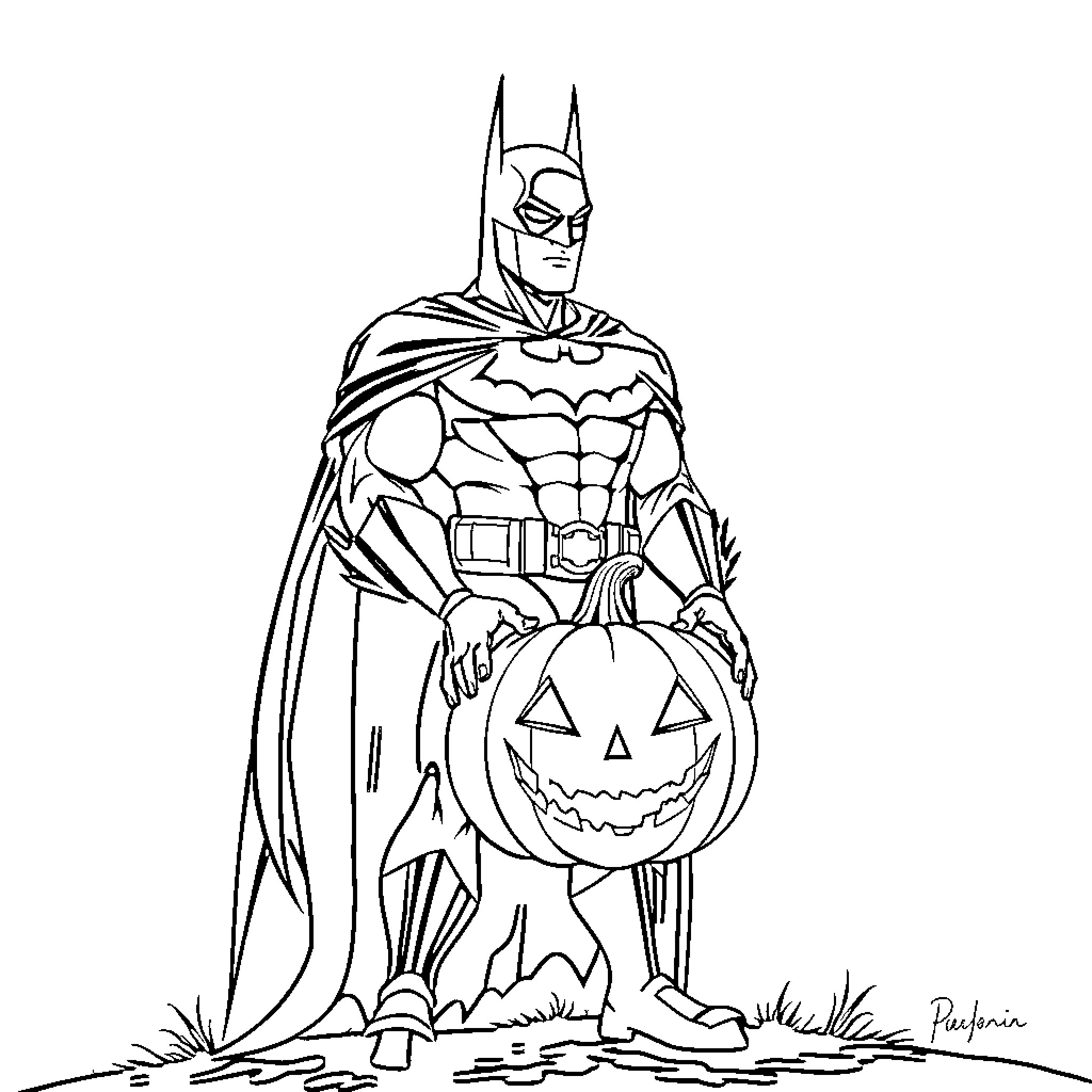 Batman's Halloween Adventure with Pumpkin Coloring Page (free black-and-white line drawing printable PDF for all, from beginners to advanced learners, including children, teens, adults, and seniors)