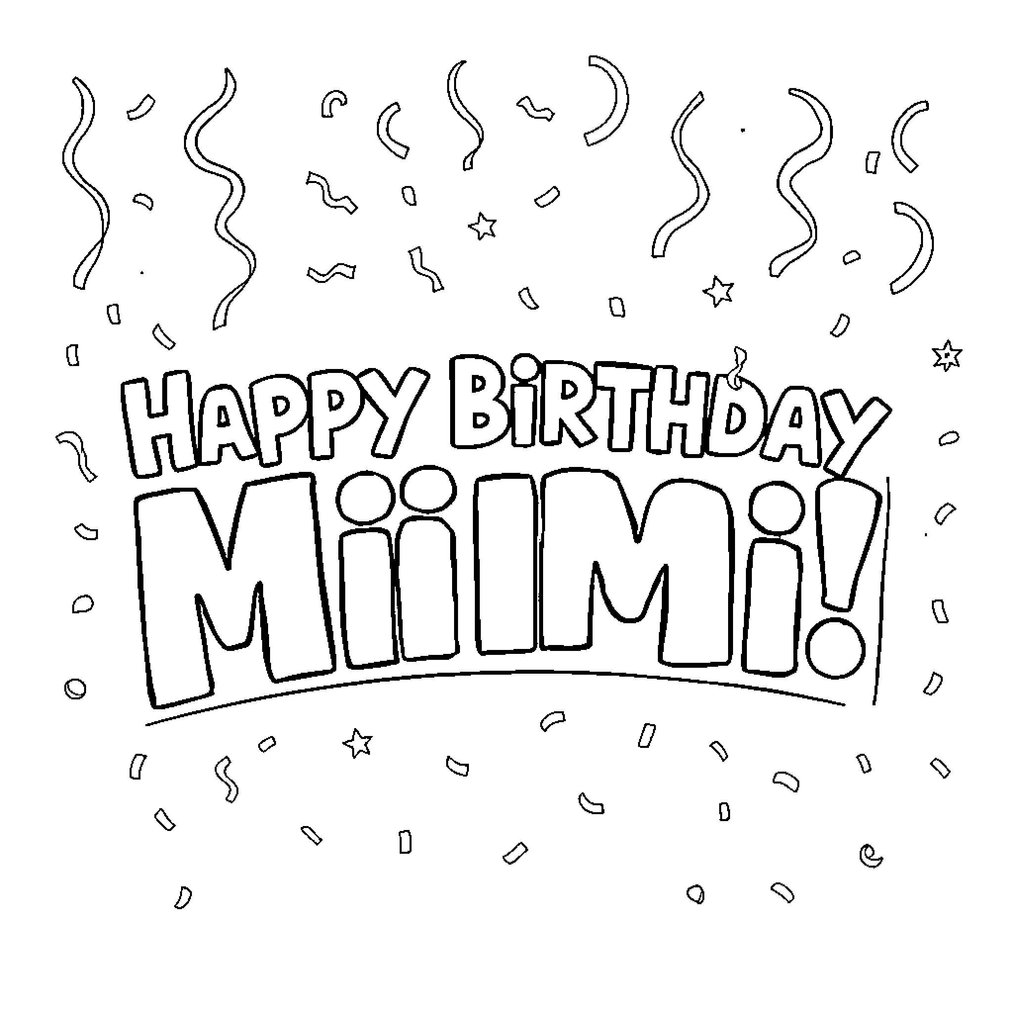 Birthday celebration with text and confetti Coloring Page (free black-and-white line drawing printable PDF for all, from beginners to advanced learners, including children, teens, adults, and seniors)
