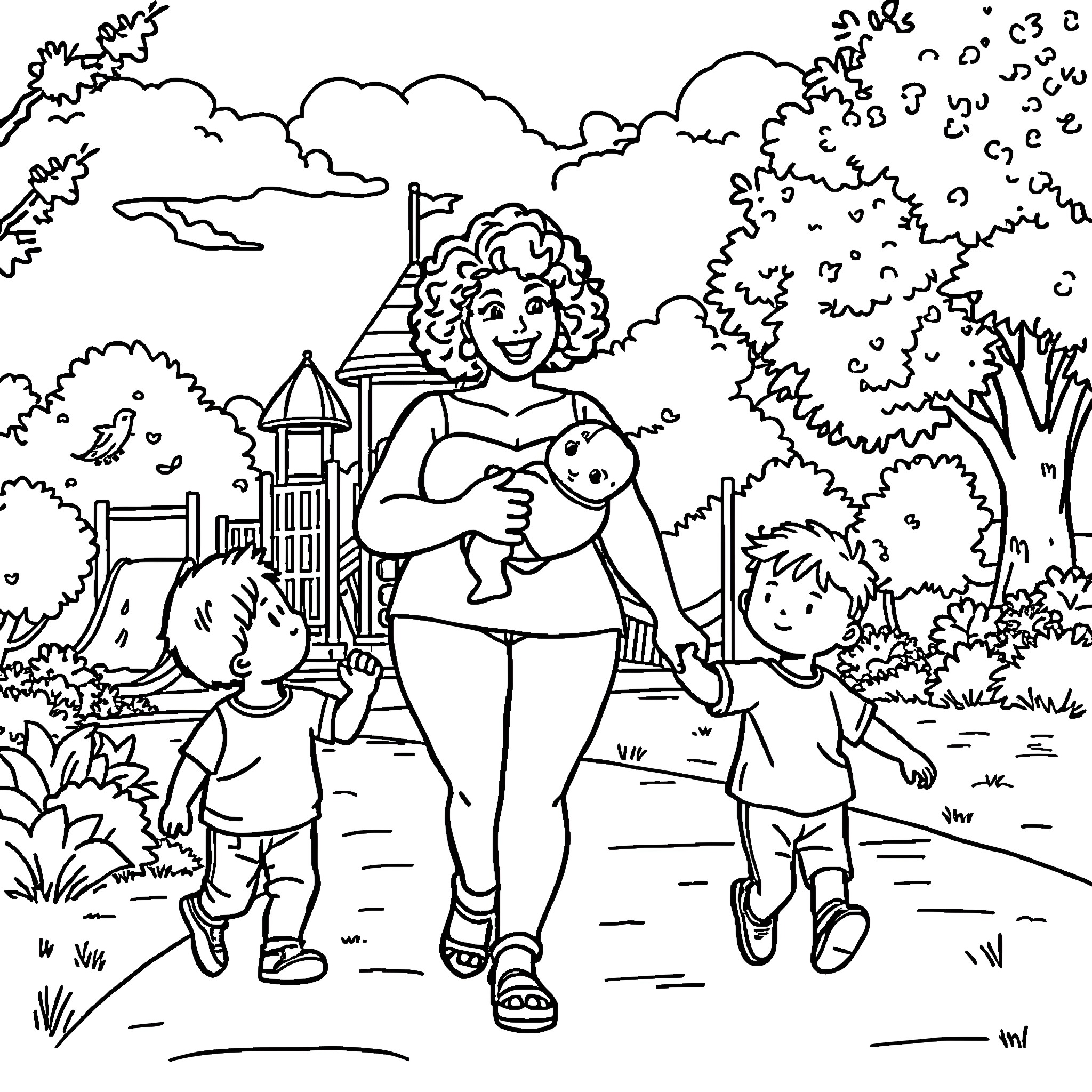 Lady taking a walk with children in the countryside Coloring Page (free black-and-white line drawing printable PDF for all, from beginners to advanced learners, including children, teens, adults, and seniors)