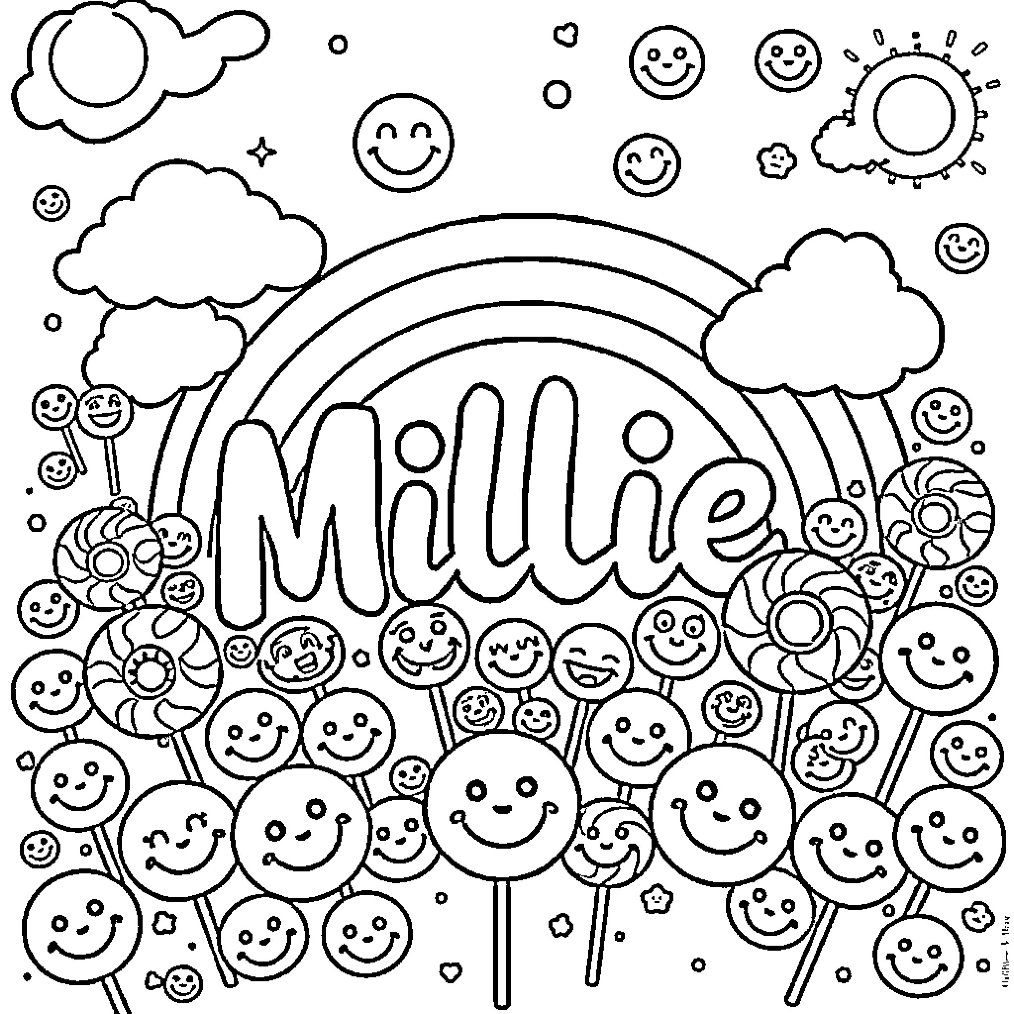 Name Happy Smiley Faces and Clouds in Whimsical Illustration Coloring Page (free black-and-white line drawing printable PDF for all, from beginners to advanced learners, including children, teens, adults, and seniors)
