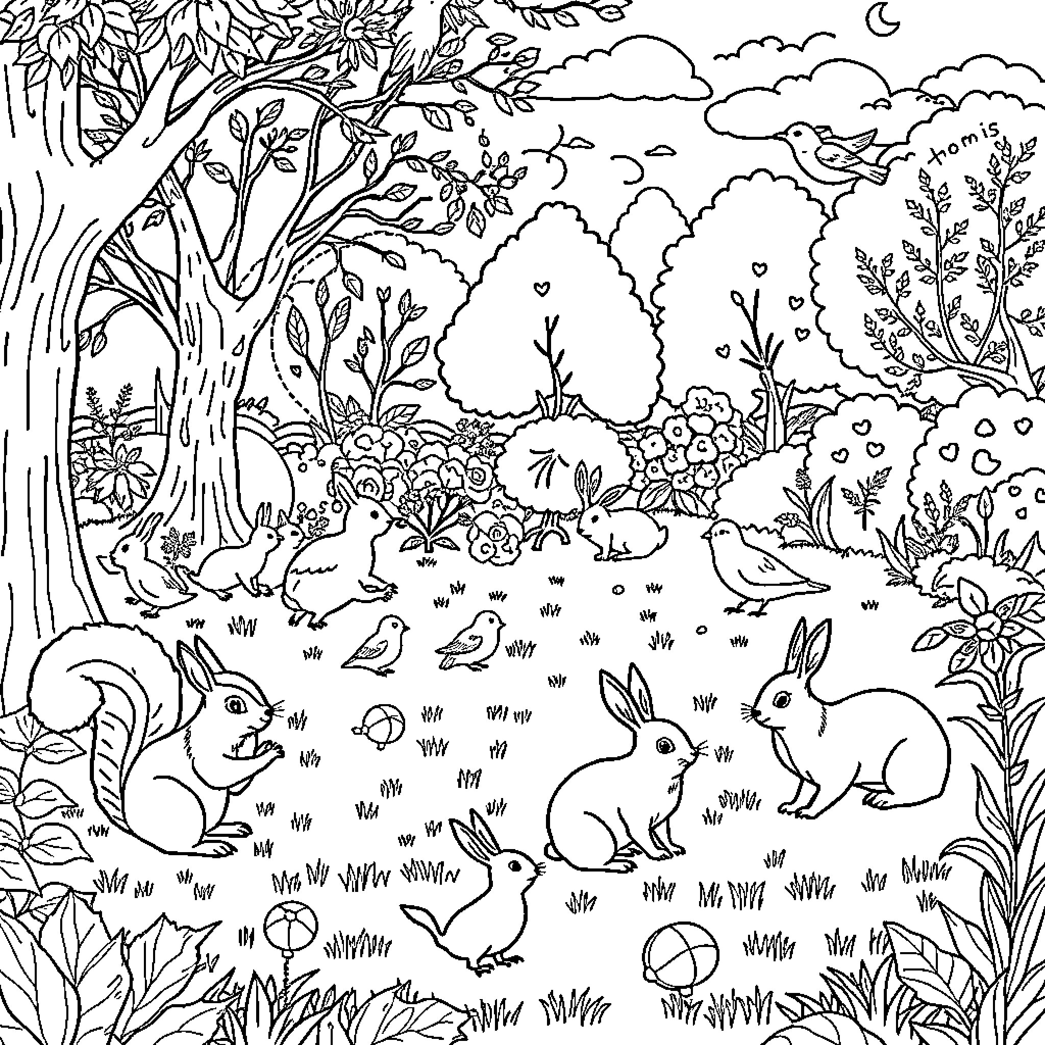 Animal landscape with playful creatures Coloring Page (free black-and-white line drawing printable PDF for all, from beginners to advanced learners, including children, teens, adults, and seniors)