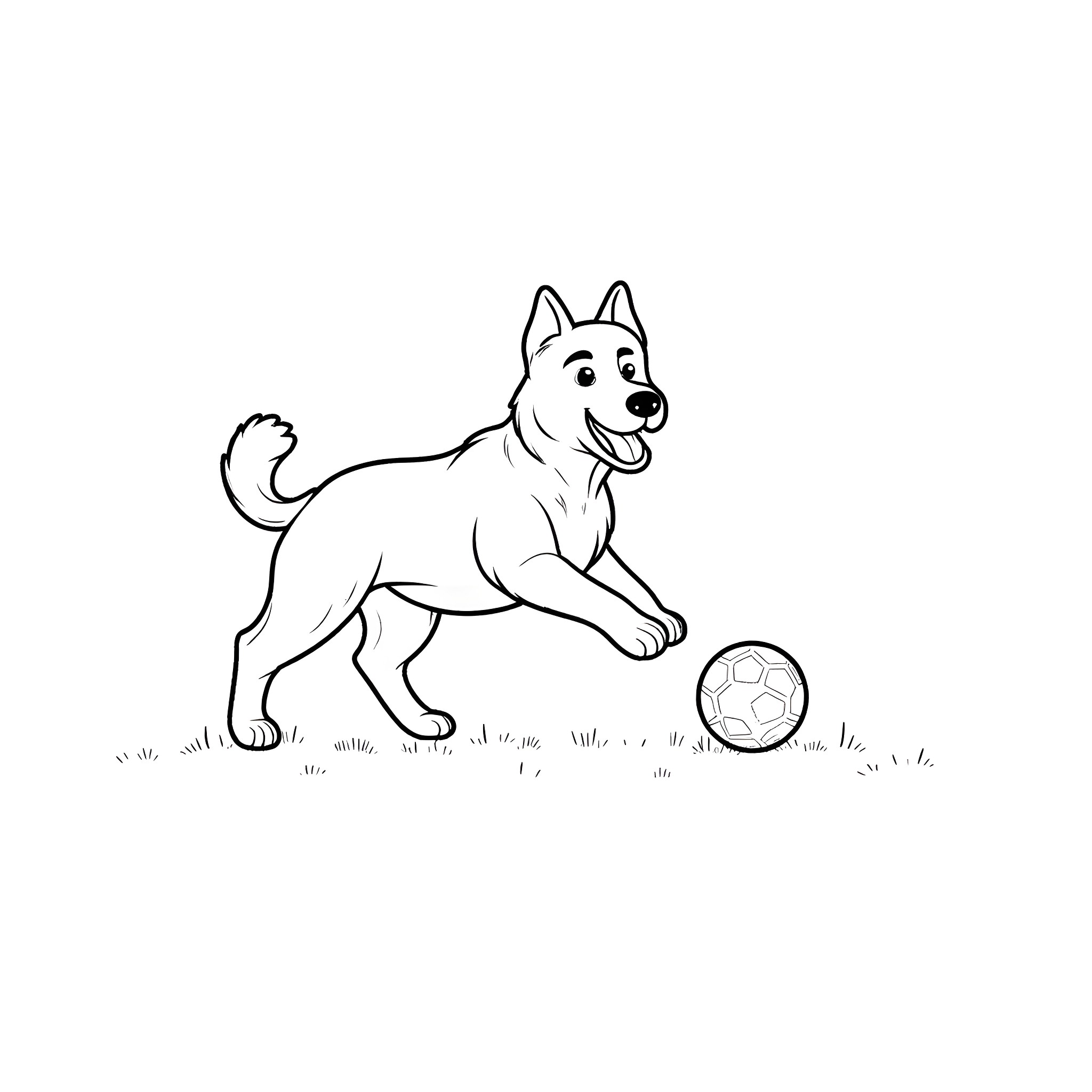 Dog playing with soccer ball on the field Coloring Page (free black-and-white line drawing printable PDF for all, from beginners to advanced learners, including children, teens, adults, and seniors)