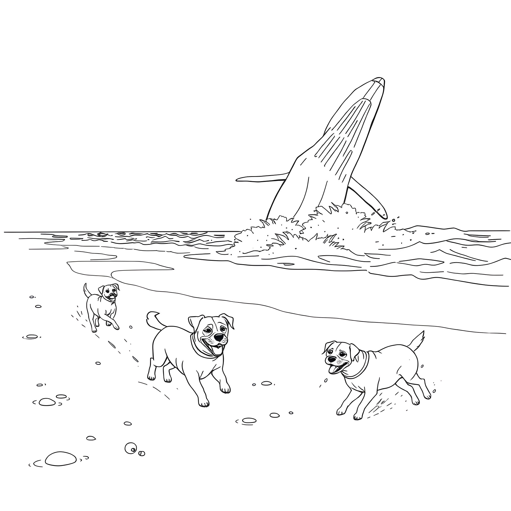 Dogs frolicking on the beach with a whale Coloring Page (free black-and-white line drawing printable PDF for all, from beginners to advanced learners, including children, teens, adults, and seniors)