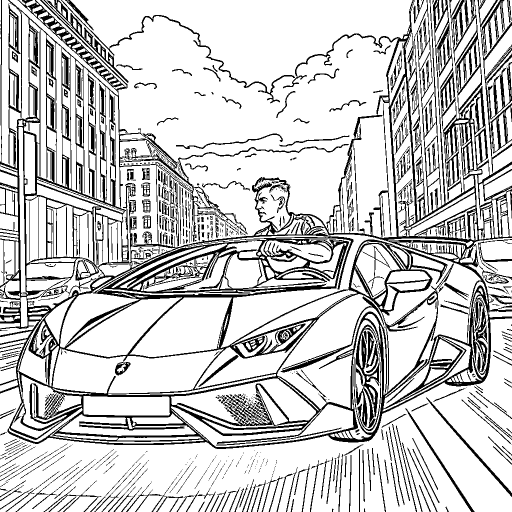 Football Player Driving Luxury Sports Car in City Street Coloring Page (free black-and-white line drawing printable PDF for all, from beginners to advanced learners, including children, teens, adults, and seniors)