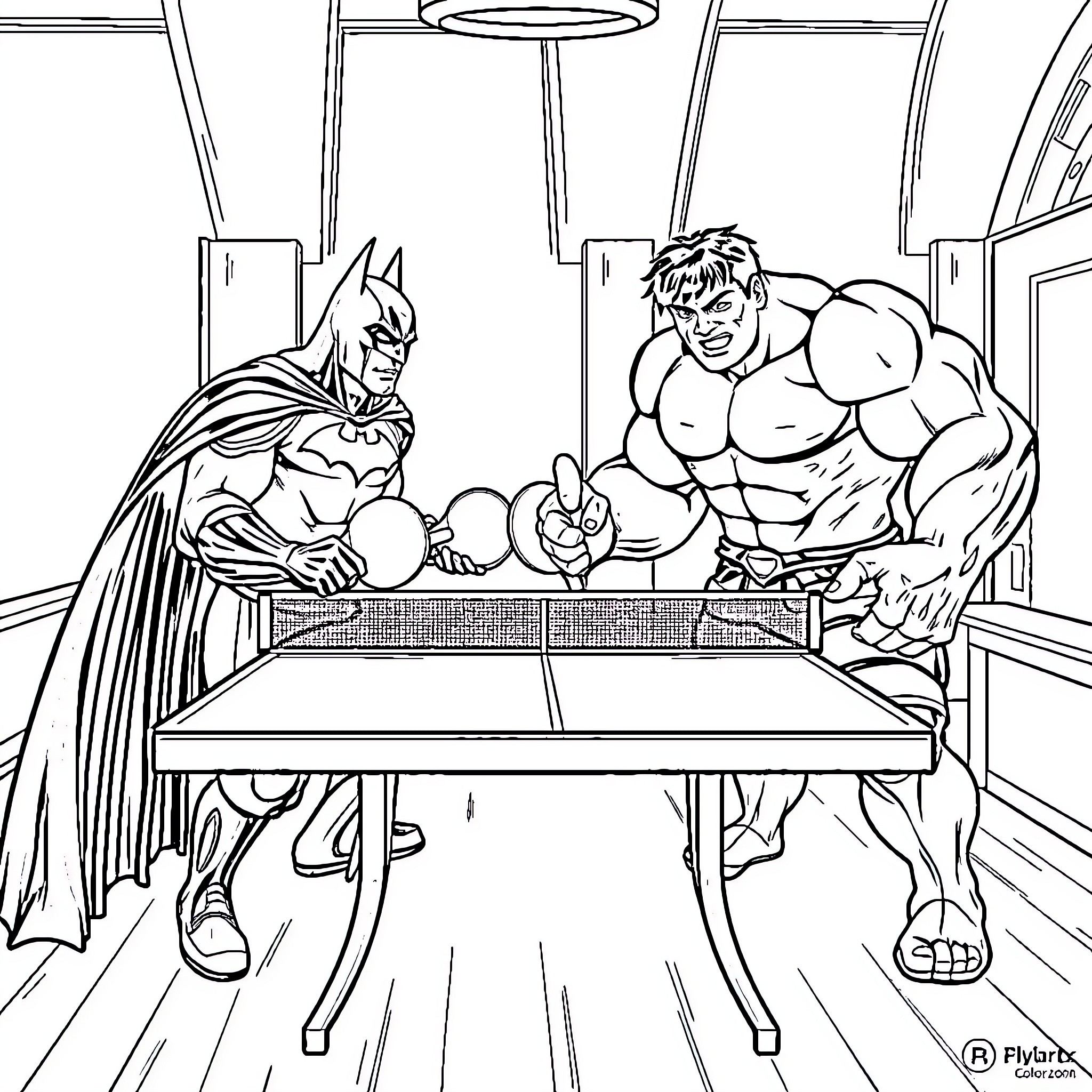 Batman and Hulk playing table tennis in a high-tech gym Coloring Page (free black-and-white line drawing printable PDF for all, from beginners to advanced learners, including children, teens, adults, and seniors)
