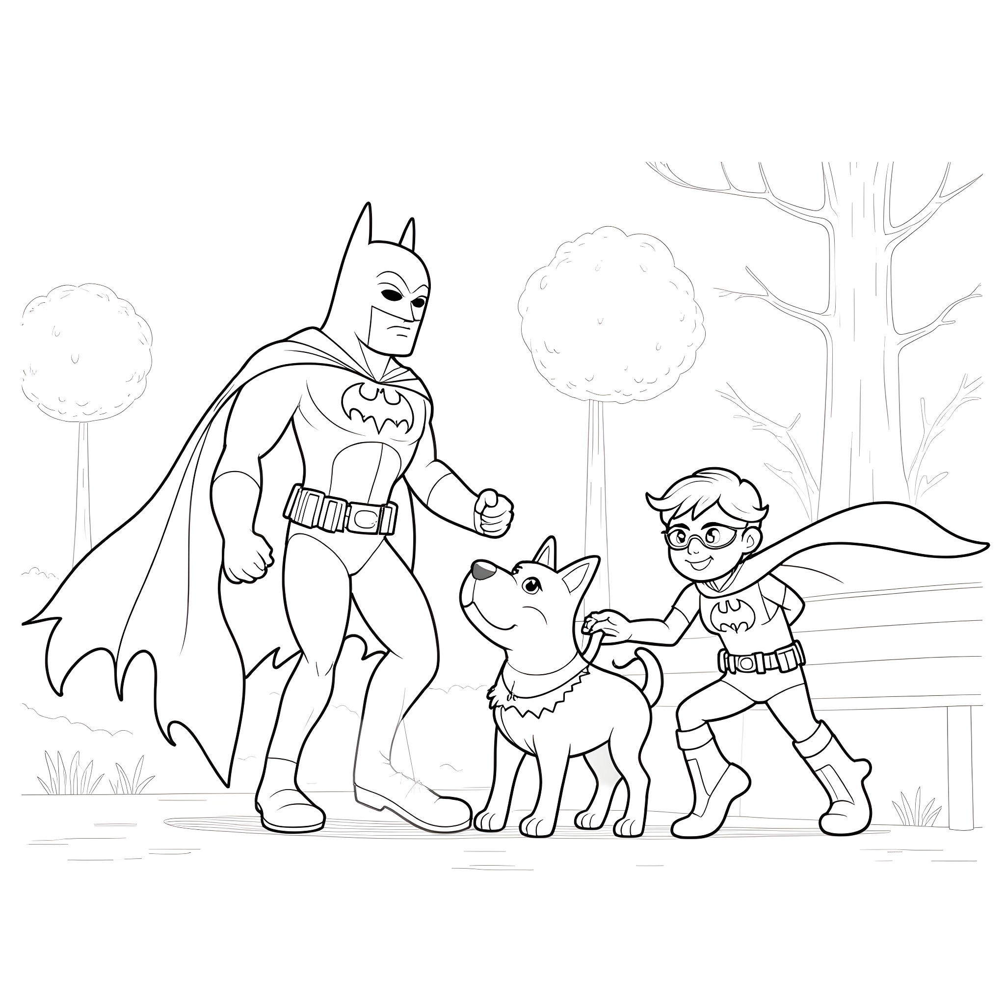 Batman Exploring the Outdoors with Sidekick and Canine Companion Coloring Page (free black-and-white line drawing printable PDF for all, from beginners to advanced learners, including children, teens, adults, and seniors)