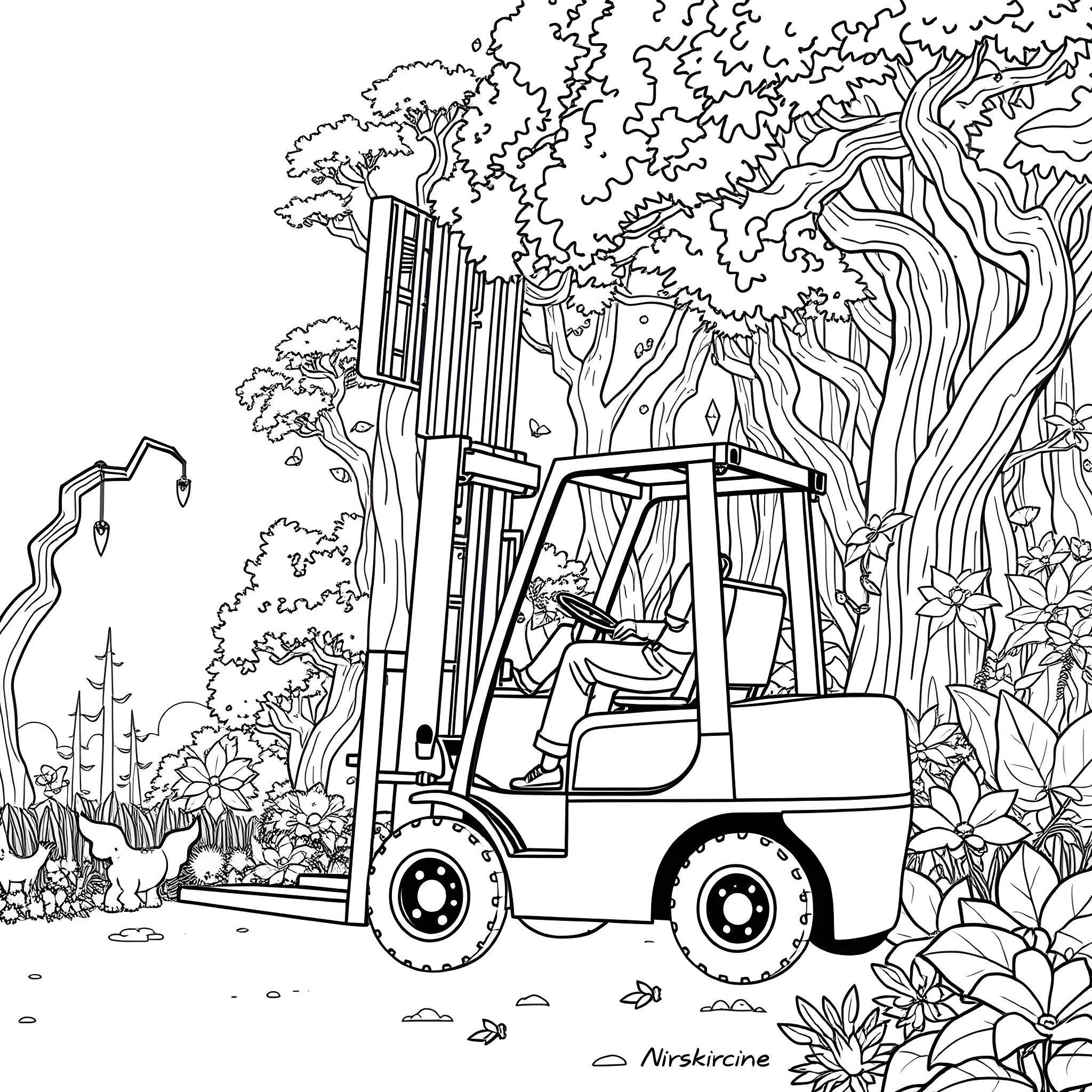 Forklift operating in a lush, natural environment Coloring Page (free black-and-white line drawing printable PDF for all, from beginners to advanced learners, including children, teens, adults, and seniors)