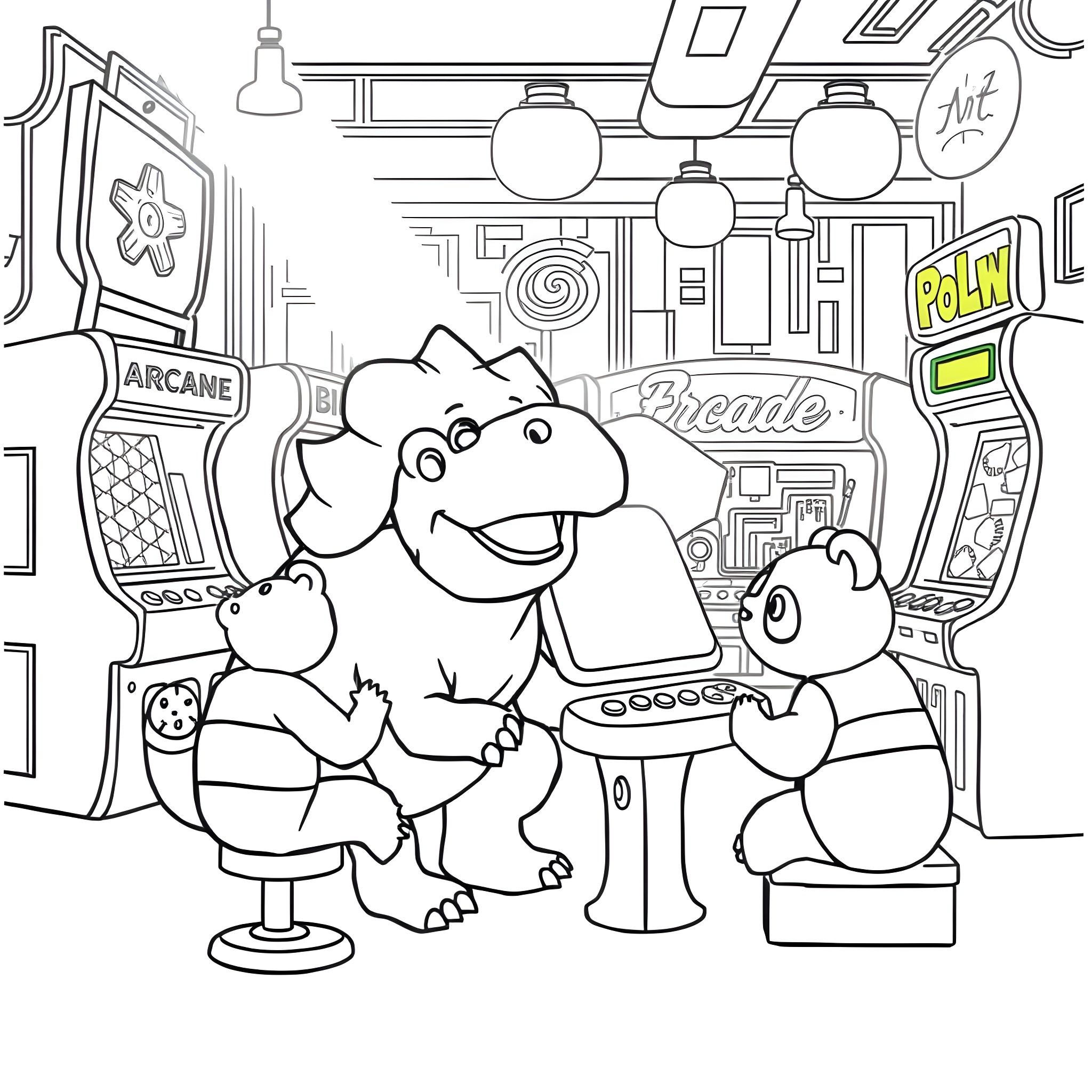 Triceratops playing arcade games with friends Coloring Page (free black-and-white line drawing printable PDF for all, from beginners to advanced learners, including children, teens, adults, and seniors)