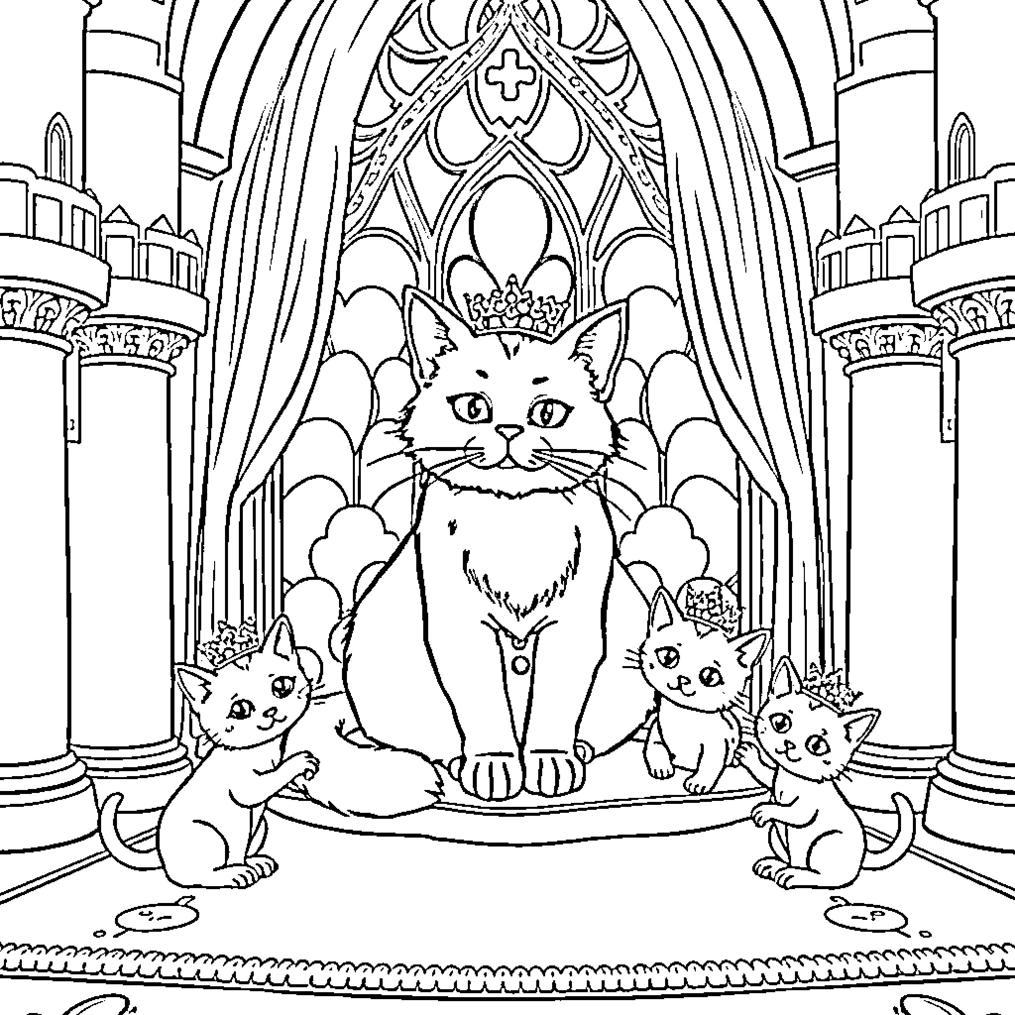 Princess Cat and her royal court of feline companions Coloring Page (free black-and-white line drawing printable PDF for all, from beginners to advanced learners, including children, teens, adults, and seniors)