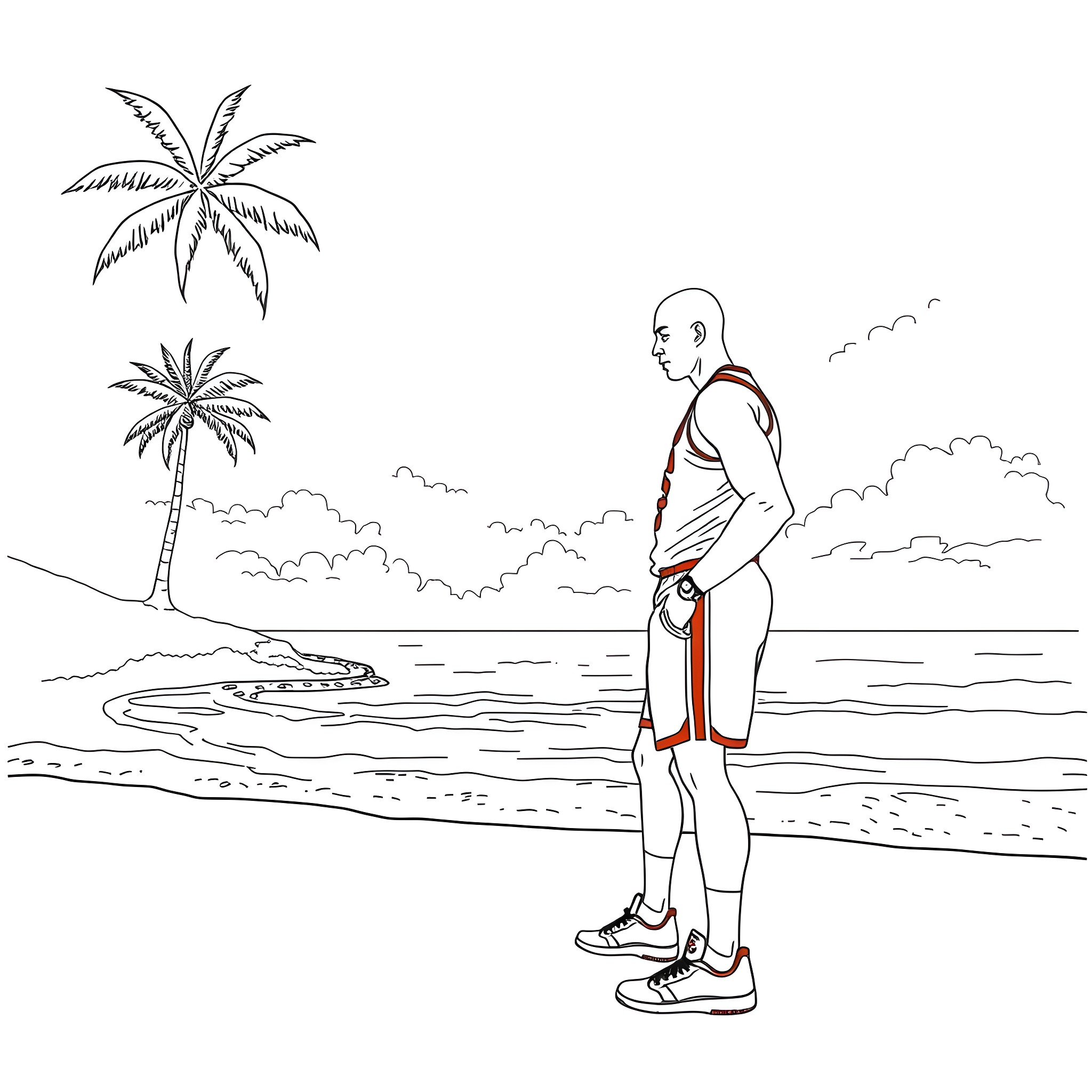 Michael Jordan walks on the beach in casual attire Coloring Page (free black-and-white line drawing printable PDF for all, from beginners to advanced learners, including children, teens, adults, and seniors)