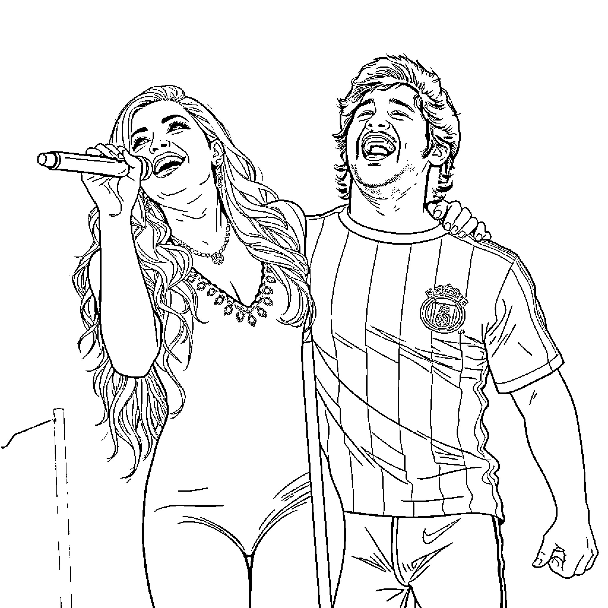 Shakira and her musical companion performing on stage Coloring Page (free black-and-white line drawing printable PDF for all, from beginners to advanced learners, including children, teens, adults, and seniors)