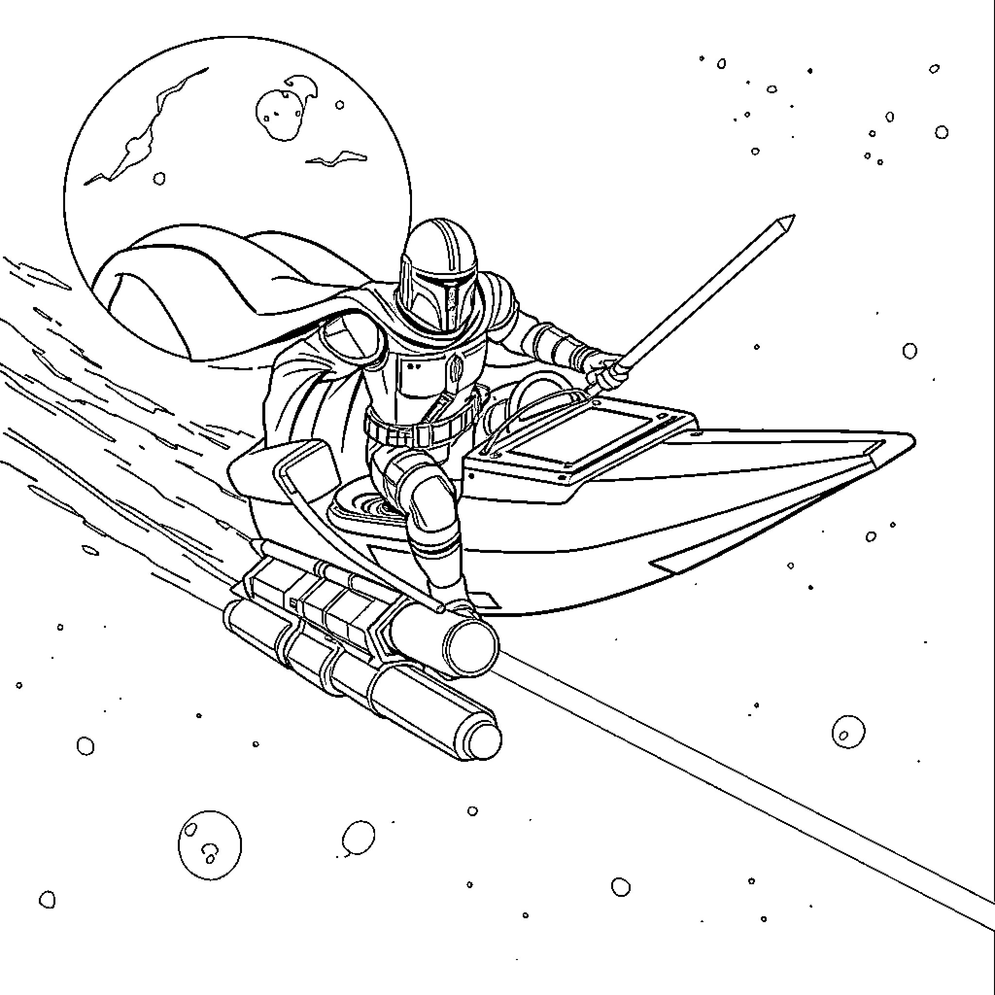 Mandalorian soaring through the galaxy on a speeder bike Coloring Page (free black-and-white line drawing printable PDF for all, from beginners to advanced learners, including children, teens, adults, and seniors)