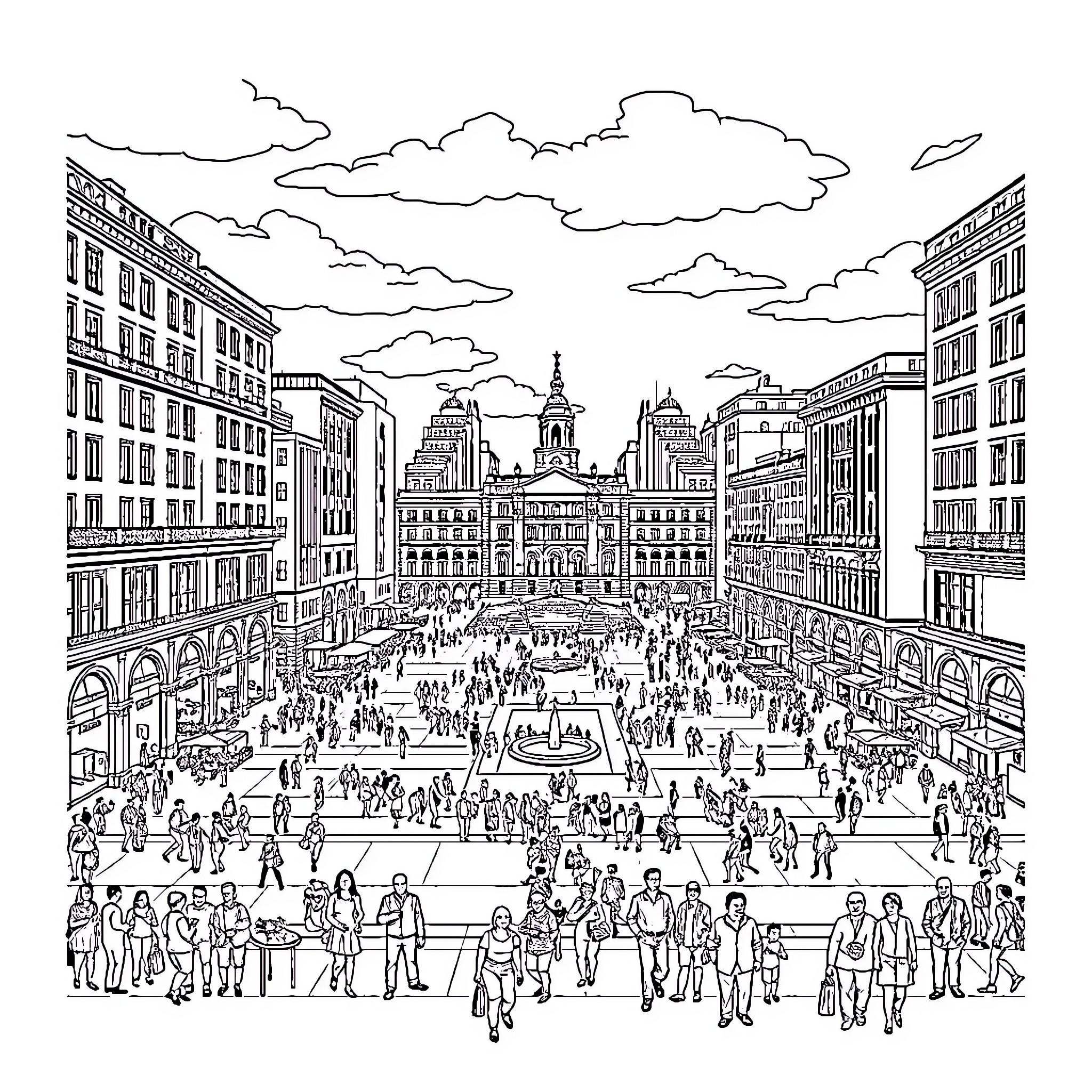 Plaza scene with bustling crowd and historic architecture Coloring Page (free black-and-white line drawing printable PDF for all, from beginners to advanced learners, including children, teens, adults, and seniors)