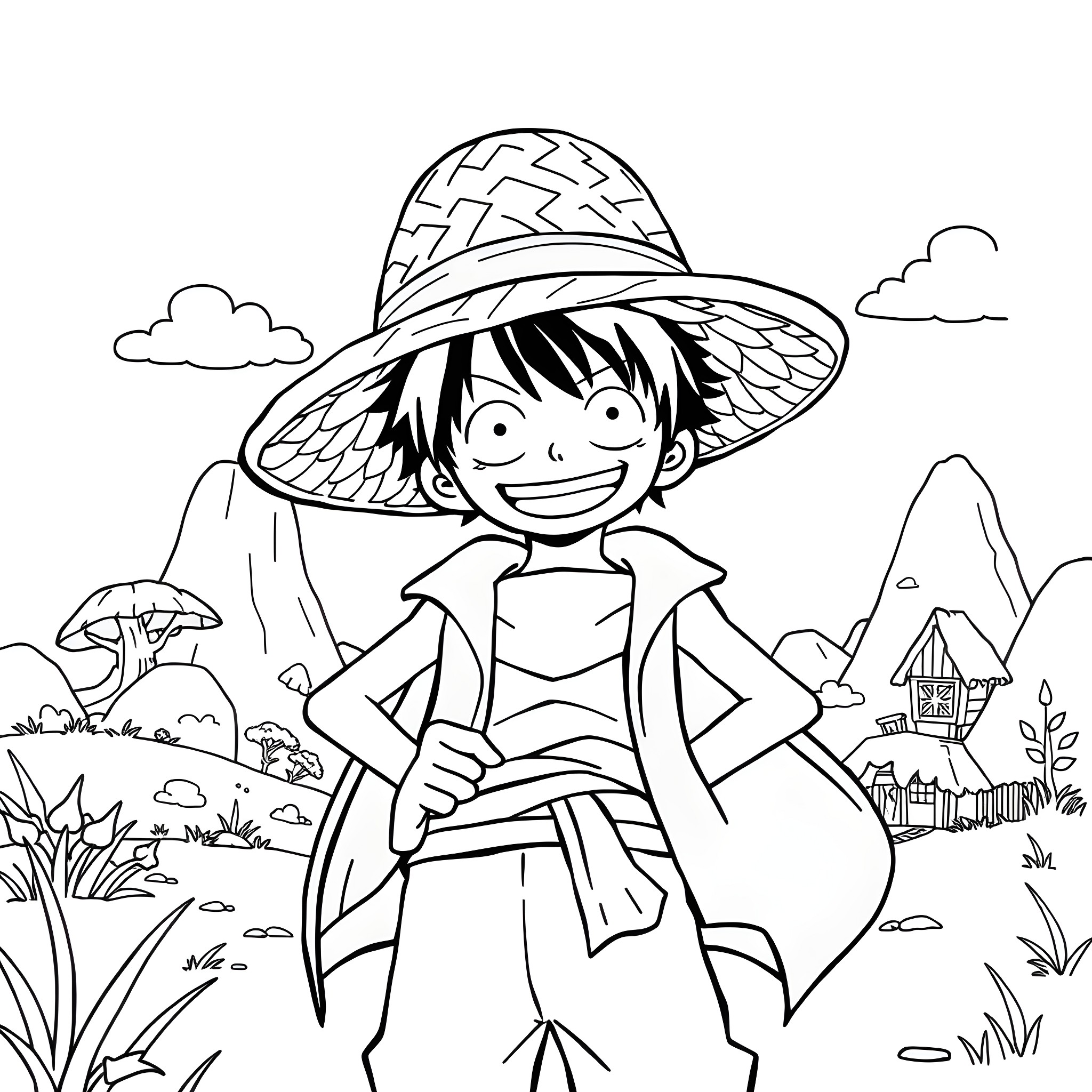 Luffy's Adventure in the Lush Countryside Coloring Page (free black-and-white line drawing printable PDF for all, from beginners to advanced learners, including children, teens, adults, and seniors)