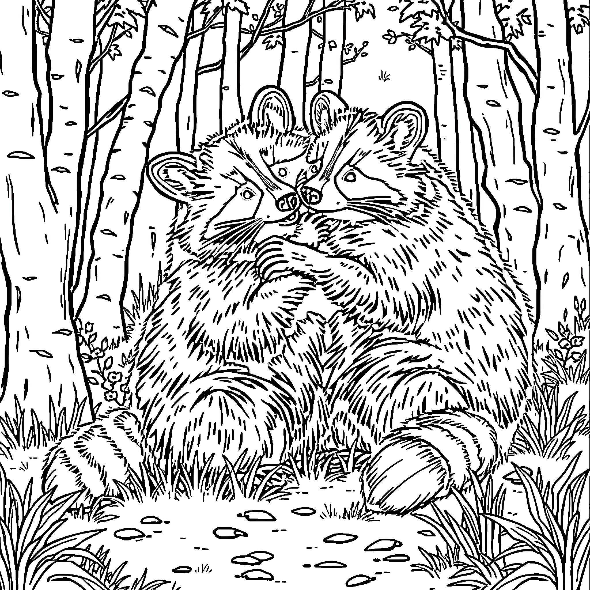 Raccoon siblings playing in the forest Coloring Page (free black-and-white line drawing printable PDF for all, from beginners to advanced learners, including children, teens, adults, and seniors)