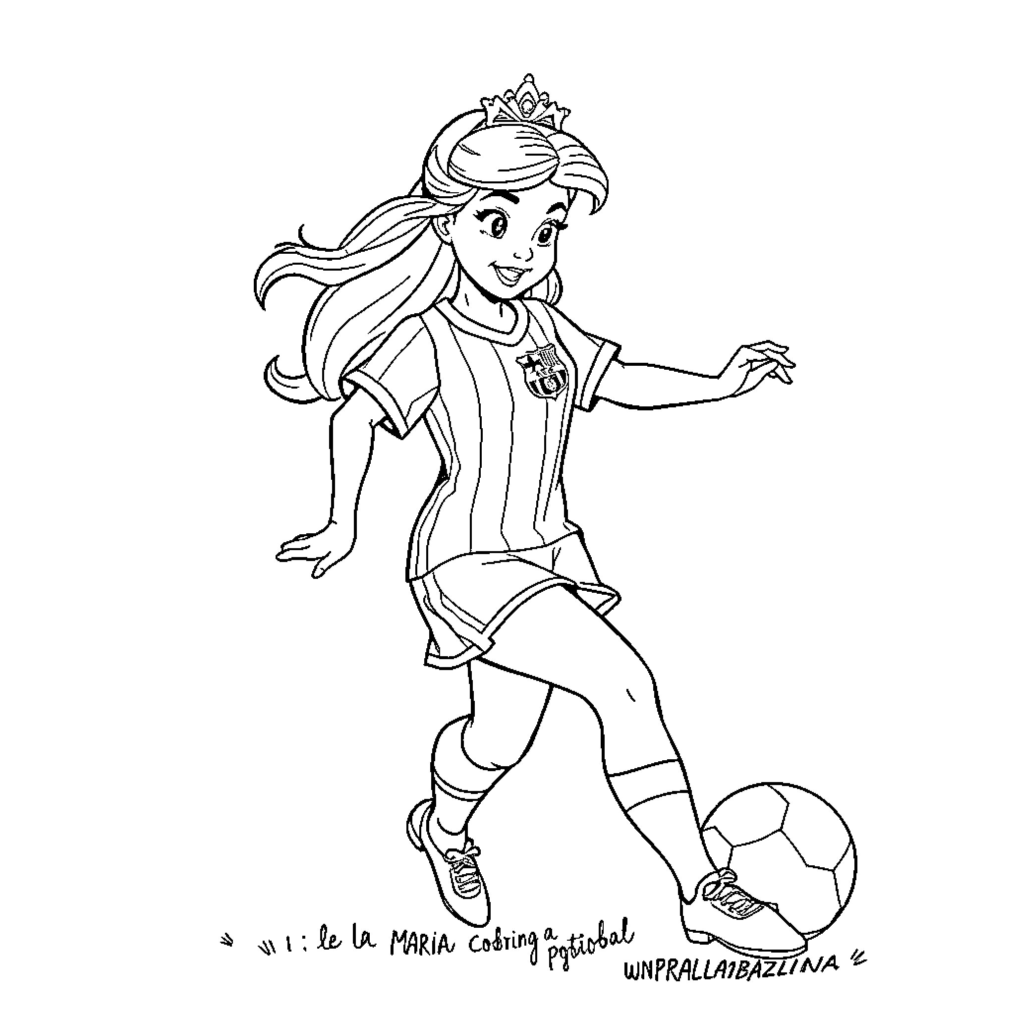 Disney Princess playing with soccer ball Coloring Page (free black-and-white line drawing printable PDF for all, from beginners to advanced learners, including children, teens, adults, and seniors)
