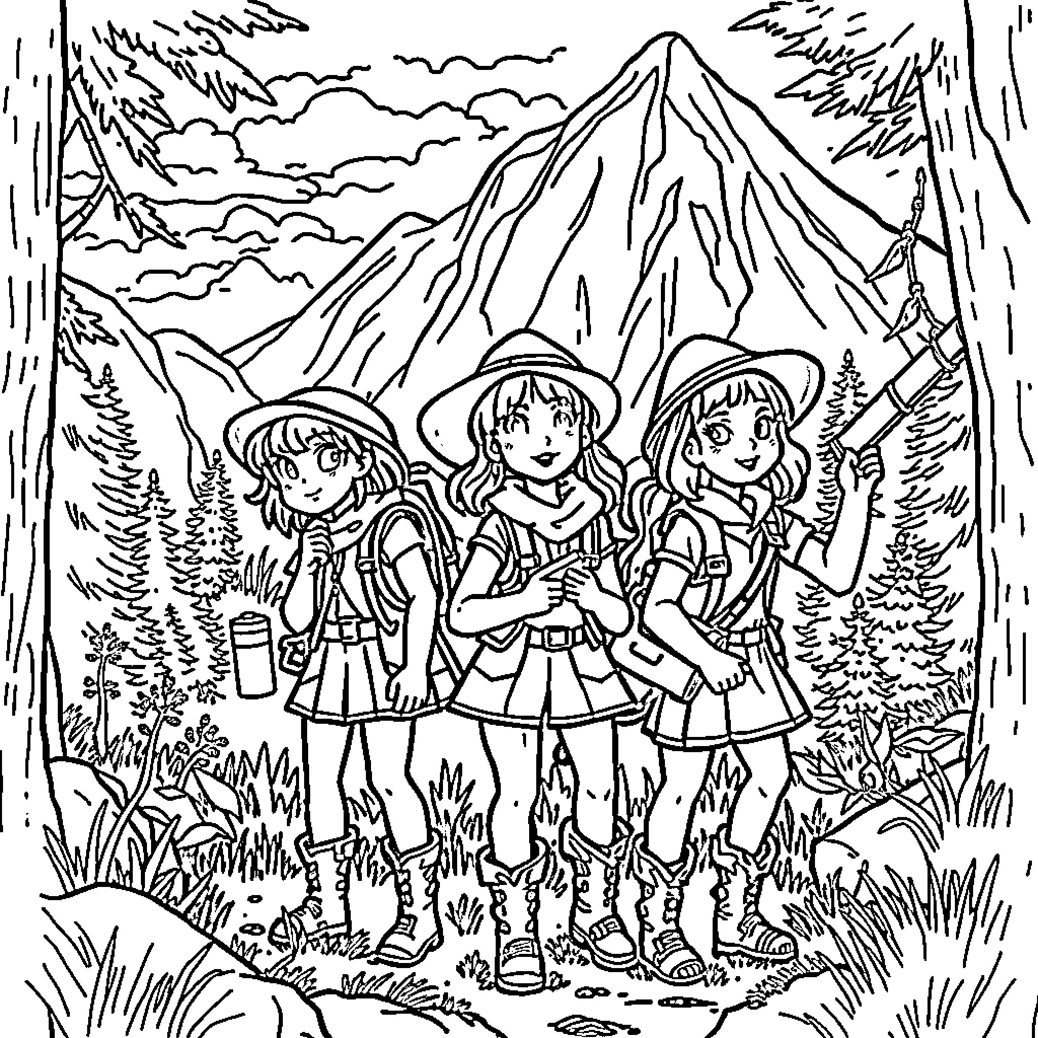 Huntrix Girls on an Adventure in the Mountains Coloring Page (free black-and-white line drawing printable PDF for all, from beginners to advanced learners, including children, teens, adults, and seniors)