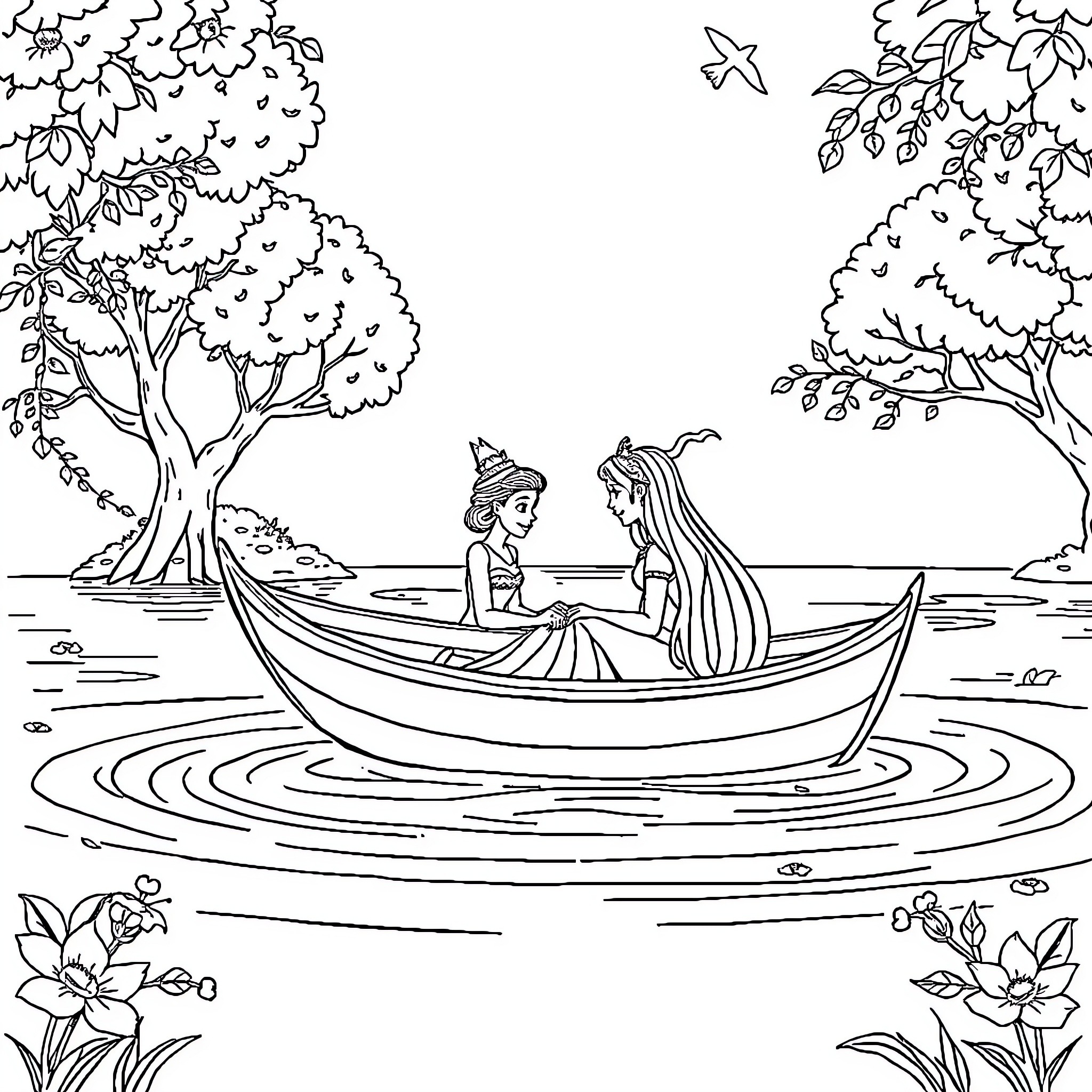 Princess and Friend Rowing Boat in Tranquil Lake Coloring Page (free black-and-white line drawing printable PDF for all, from beginners to advanced learners, including children, teens, adults, and seniors)