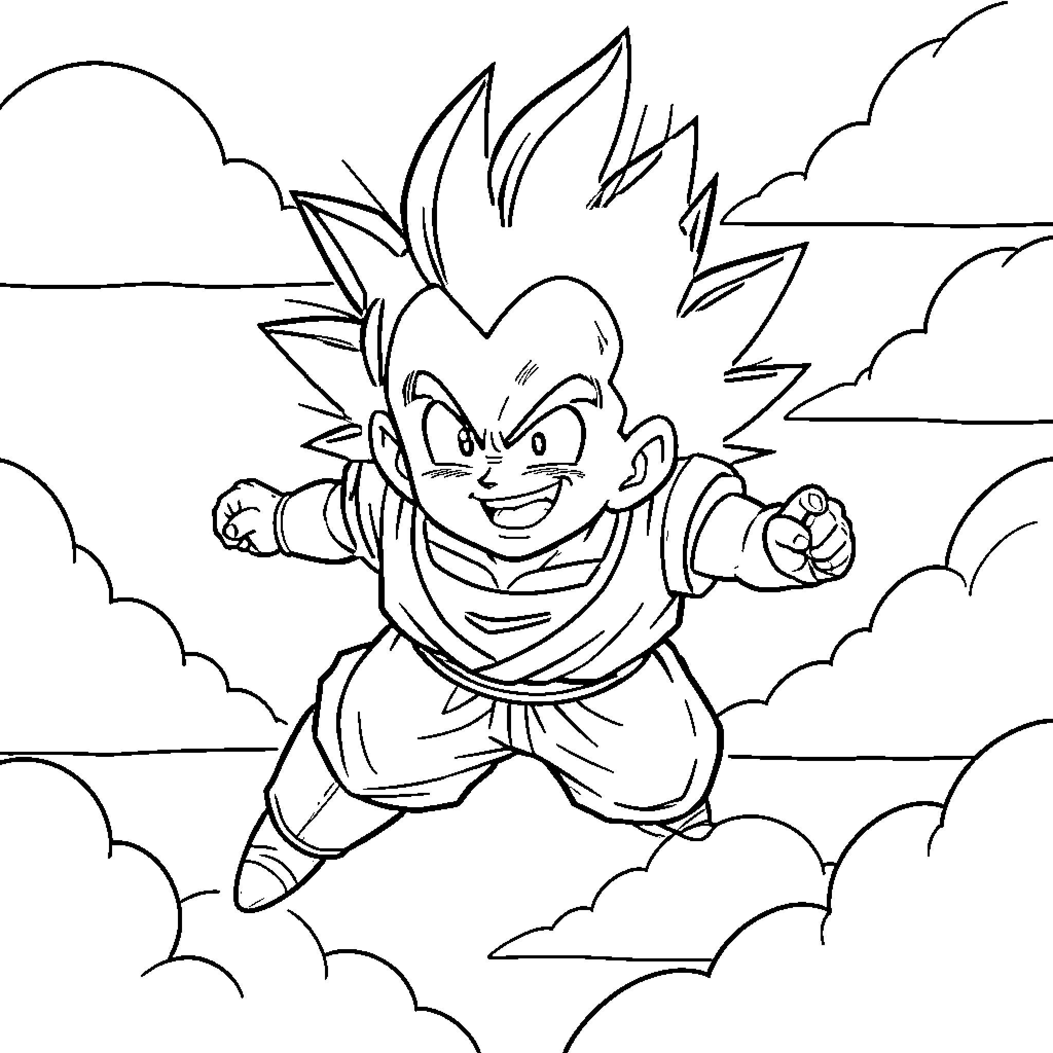 Buu flying through the clouds with a confident smile Coloring Page (free black-and-white line drawing printable PDF for all, from beginners to advanced learners, including children, teens, adults, and seniors)