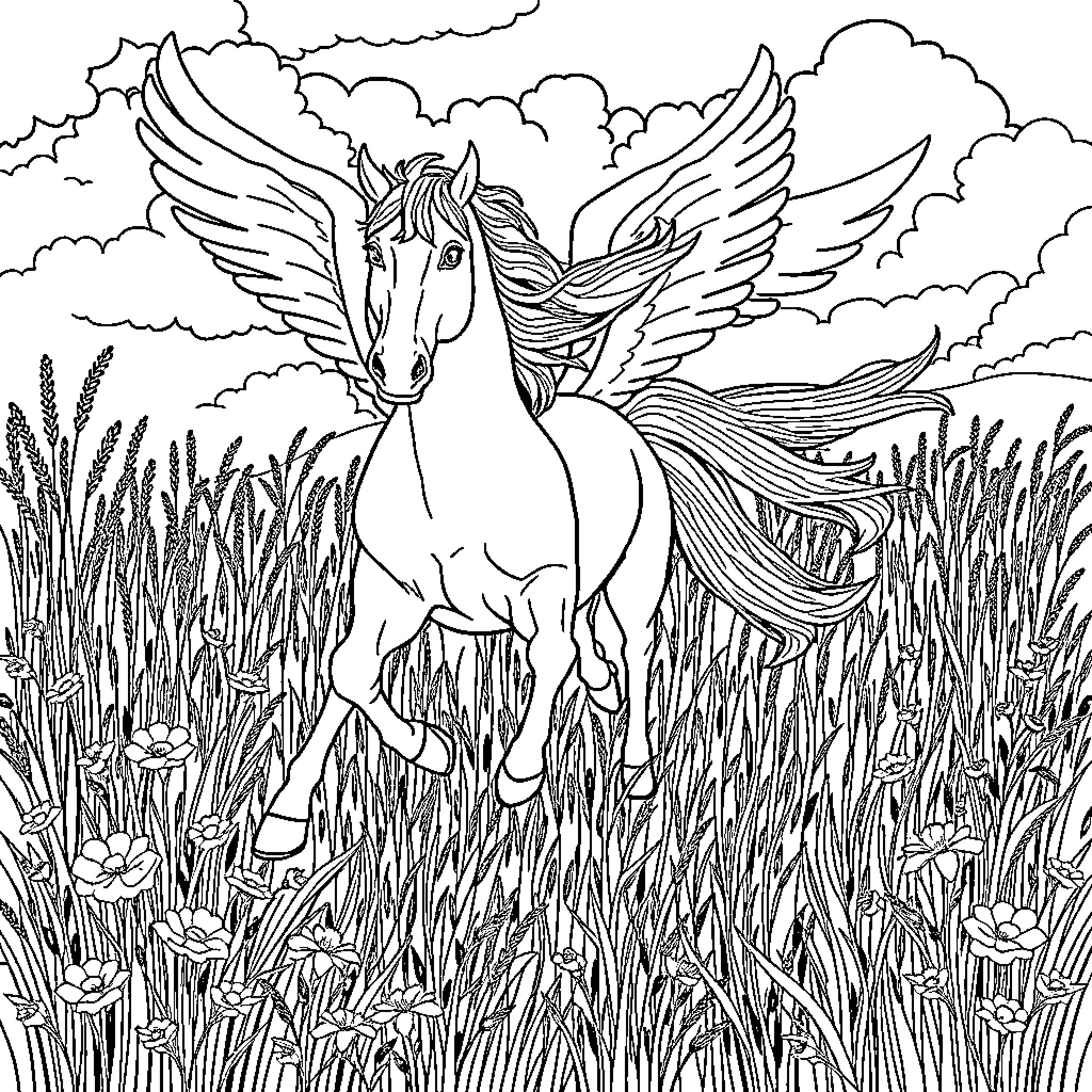 Pegasus flying gracefully through a mystical field Coloring Page (free black-and-white line drawing printable PDF for all, from beginners to advanced learners, including children, teens, adults, and seniors)