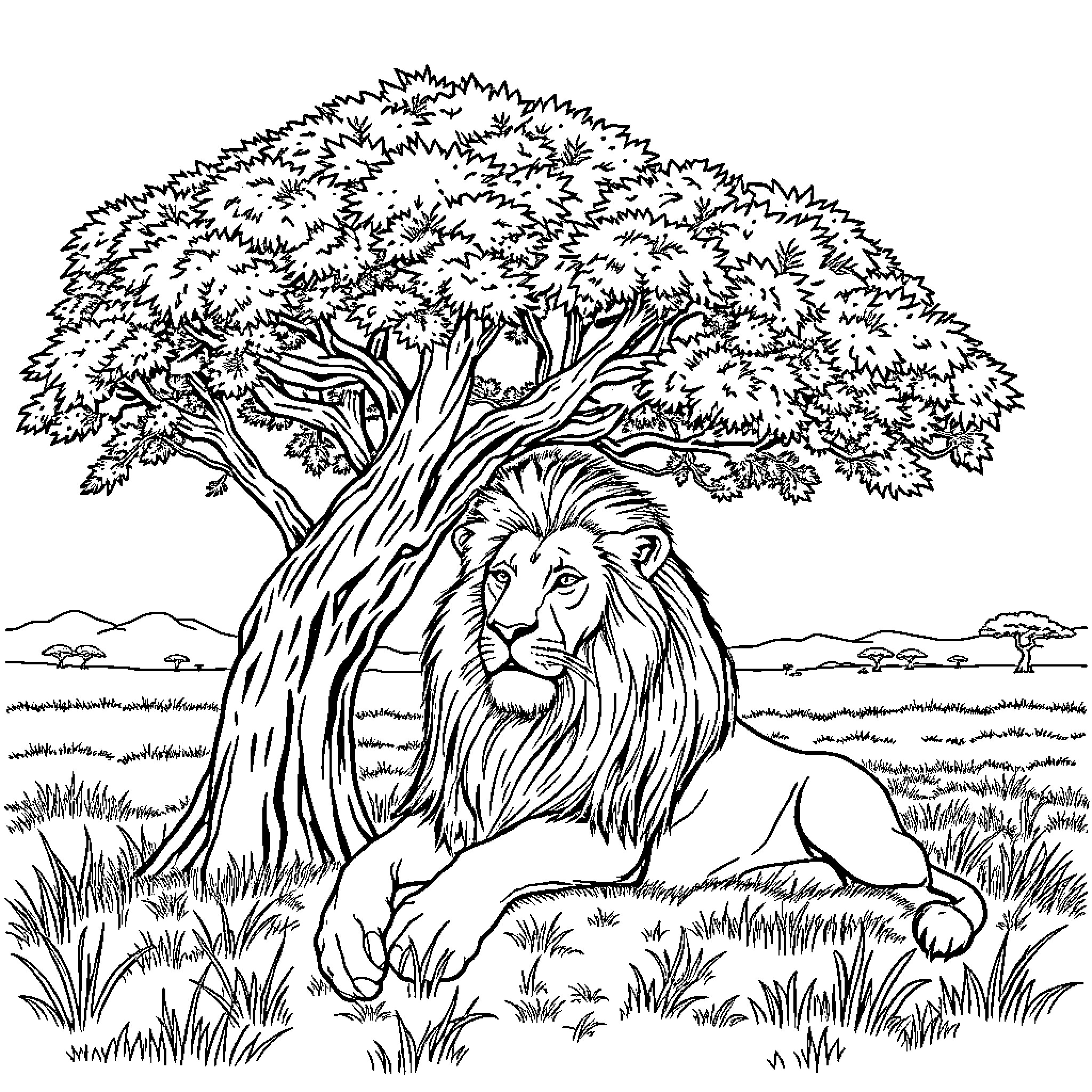 Lion resting in the savanna under a large tree Coloring Page (free black-and-white line drawing printable PDF for all, from beginners to advanced learners, including children, teens, adults, and seniors)