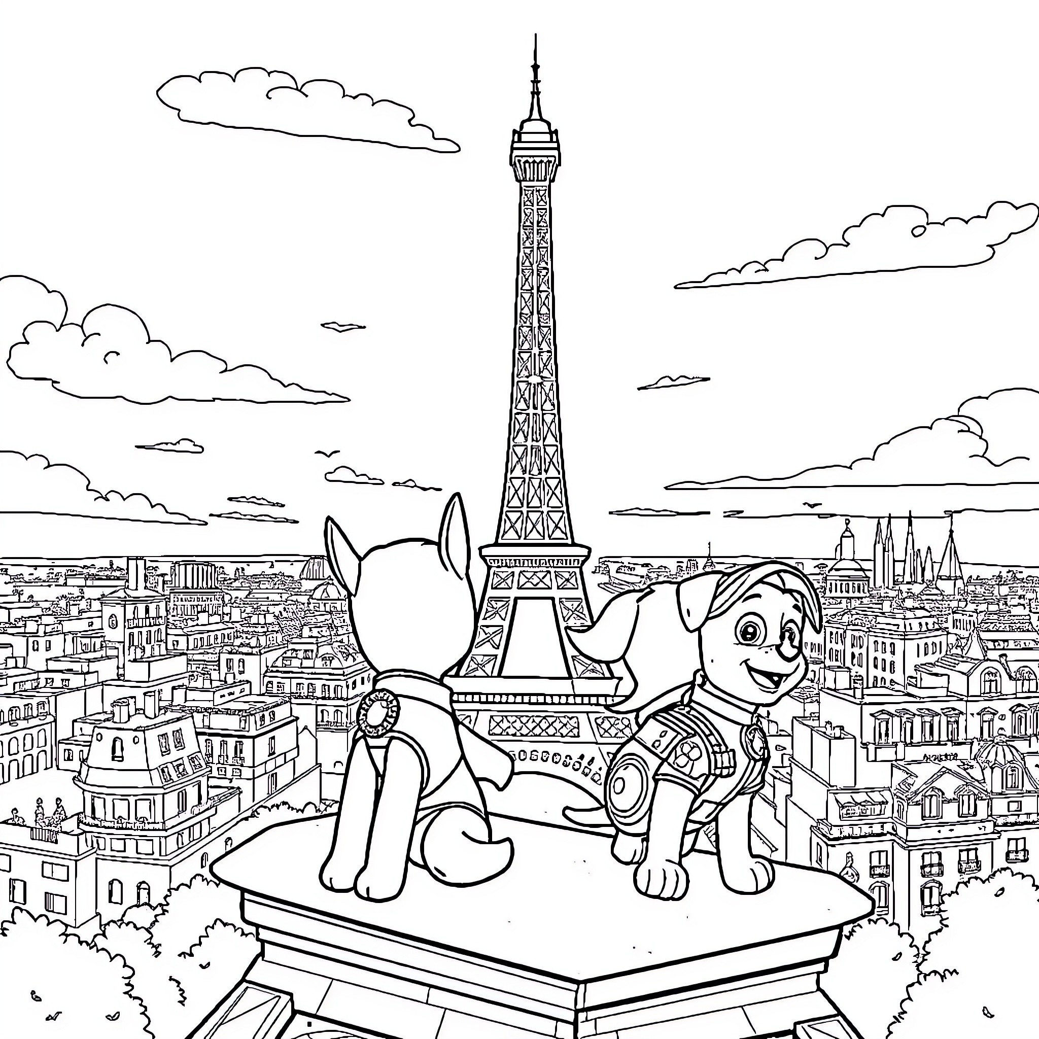 Paw Patrol characters on a city rooftop Coloring Page (free black-and-white line drawing printable PDF for all, from beginners to advanced learners, including children, teens, adults, and seniors)