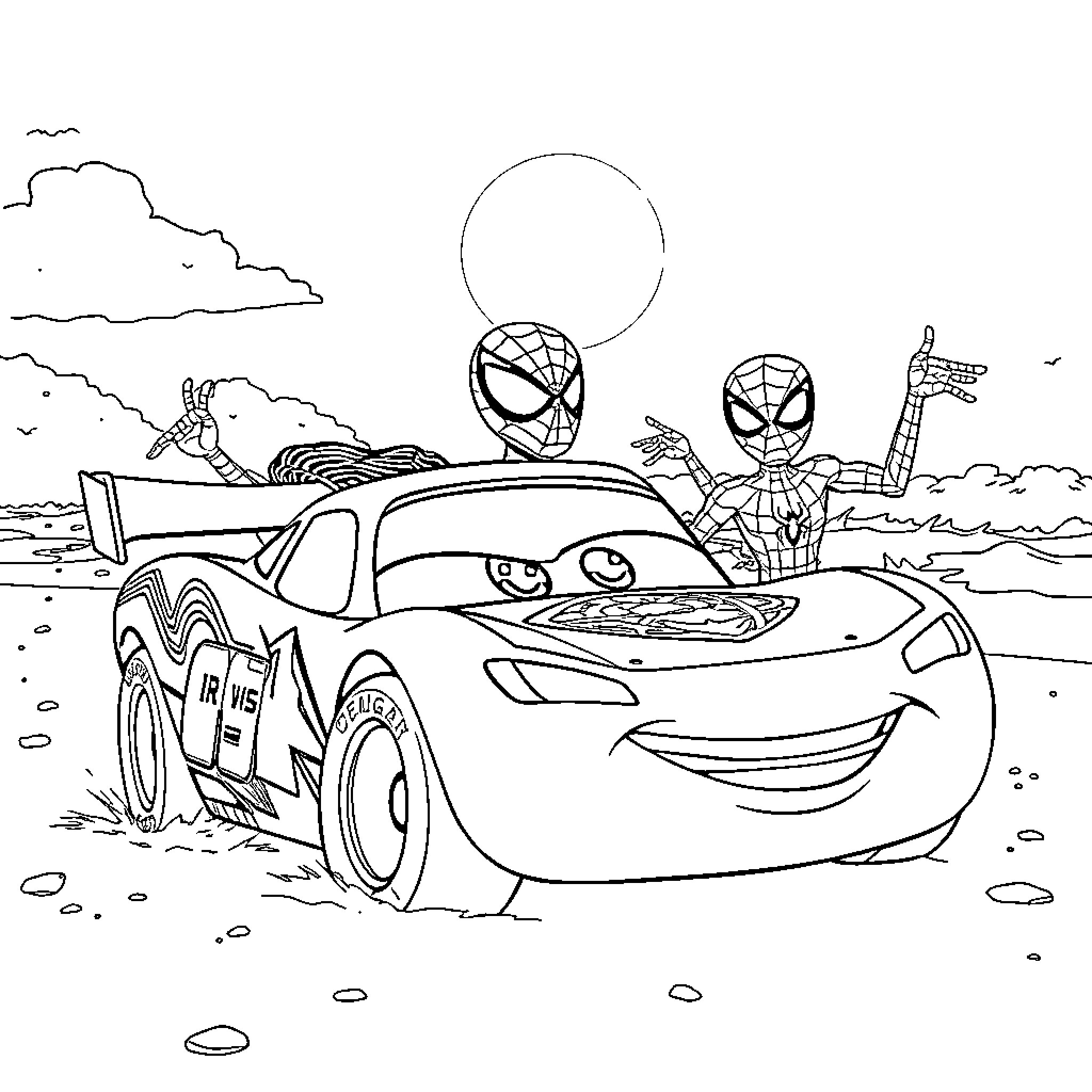 Lightning McQueen and Spiderman in an adventure Coloring Page (free black-and-white line drawing printable PDF for all, from beginners to advanced learners, including children, teens, adults, and seniors)