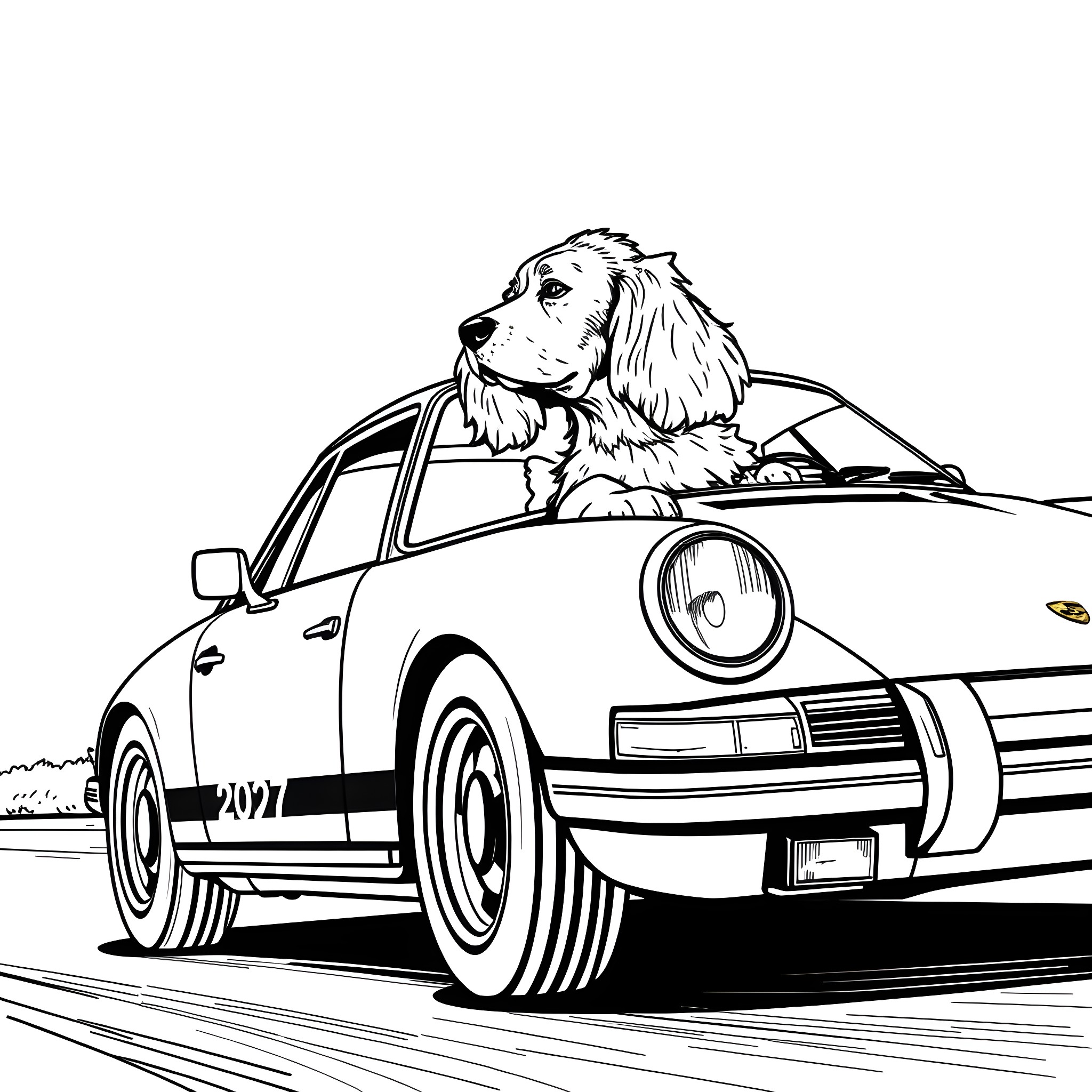 Cocker Spaniel riding in a sports car Coloring Page (free black-and-white line drawing printable PDF for all, from beginners to advanced learners, including children, teens, adults, and seniors)
