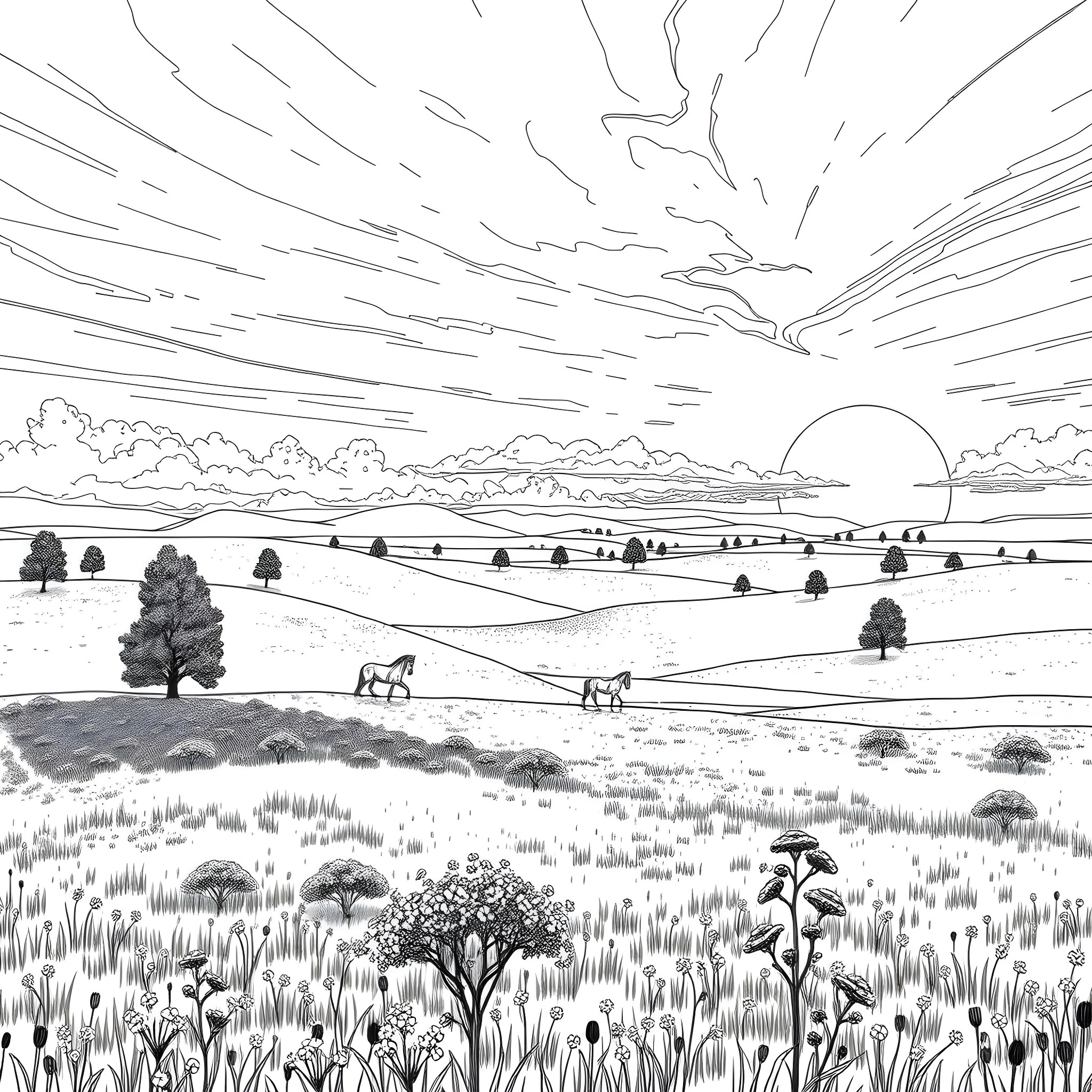 Field with rolling hills and majestic sky Coloring Page (free black-and-white line drawing printable PDF for all, from beginners to advanced learners, including children, teens, adults, and seniors)