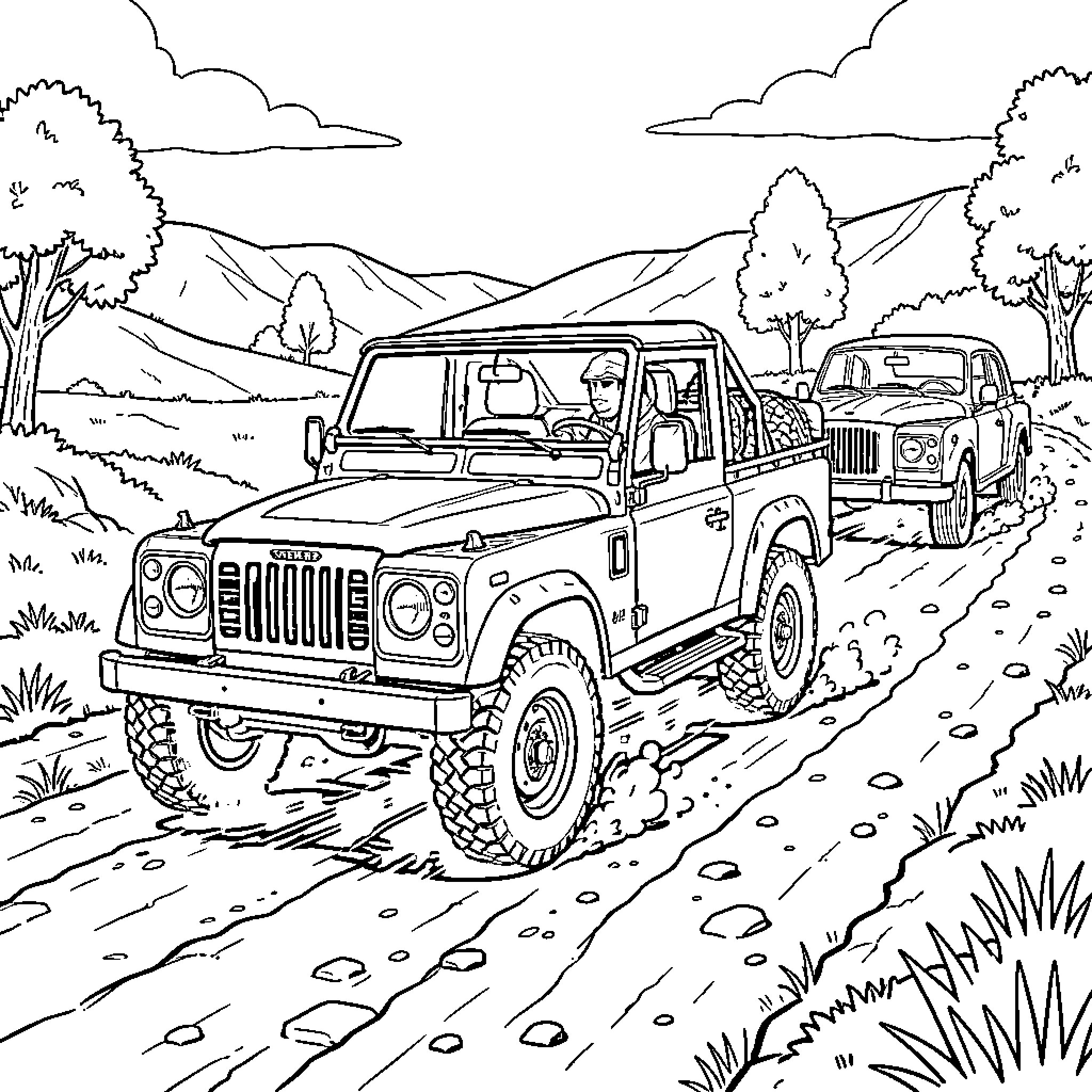 4x4 off-road adventure in the countryside Coloring Page (free black-and-white line drawing printable PDF for all, from beginners to advanced learners, including children, teens, adults, and seniors)