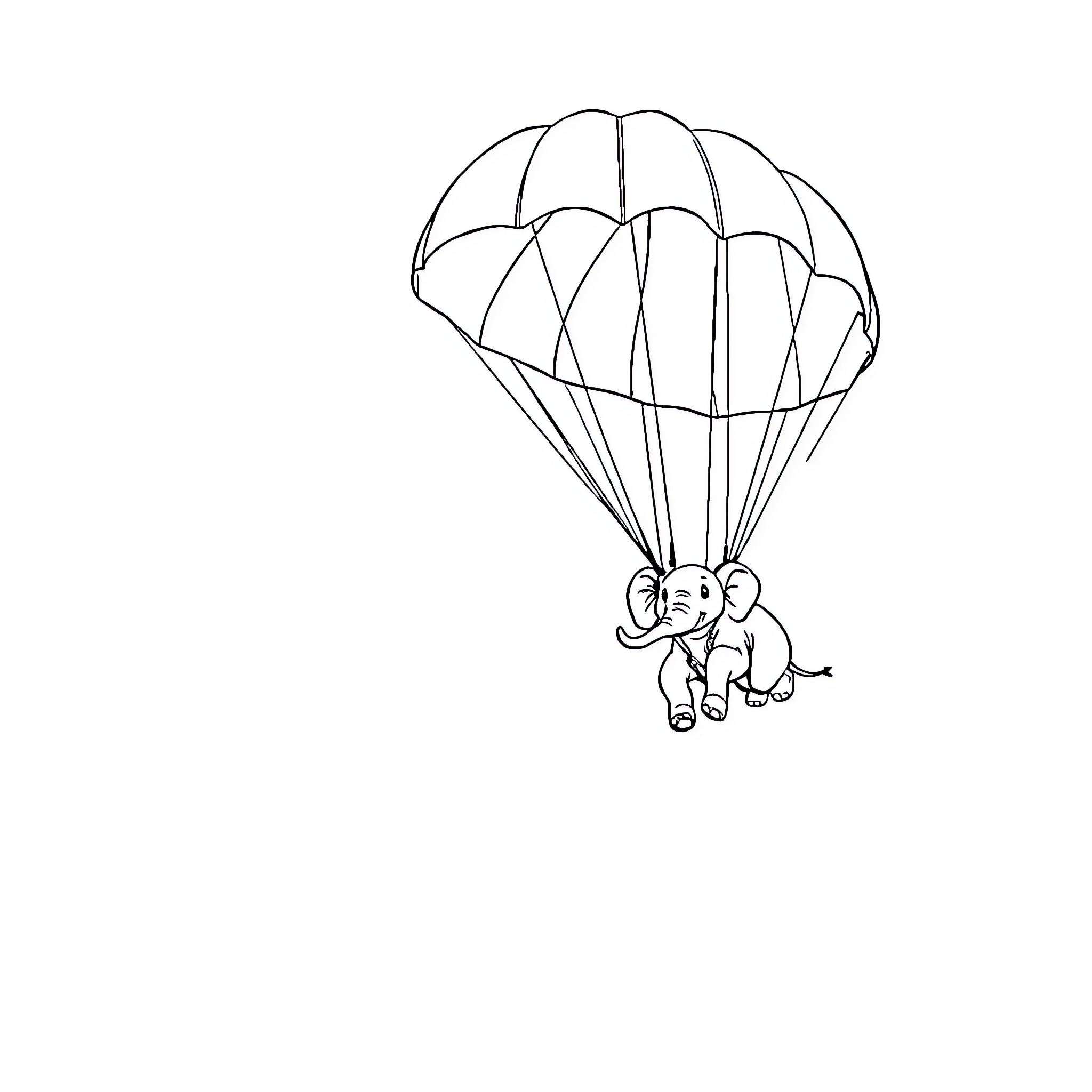 Elephant parachuting happily in the sky Coloring Page (free black-and-white line drawing printable PDF for all, from beginners to advanced learners, including children, teens, adults, and seniors)