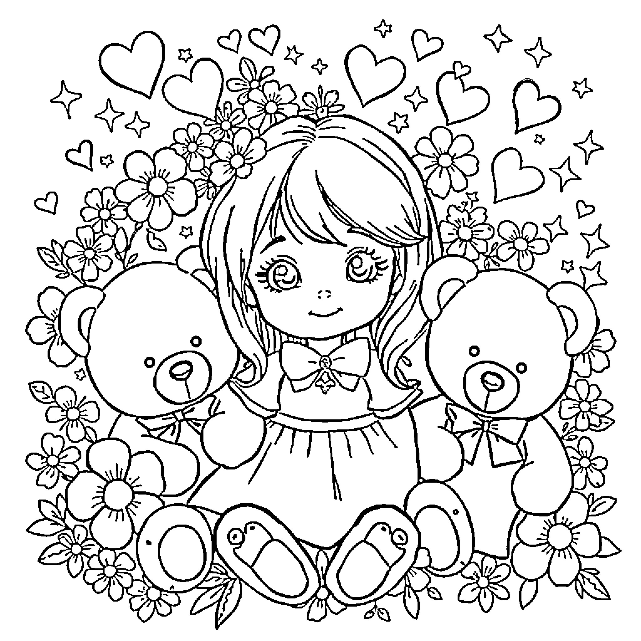 Sophie's Whimsical Floral Adventure with Teddy Bears Coloring Page (free black-and-white line drawing printable PDF for all, from beginners to advanced learners, including children, teens, adults, and seniors)