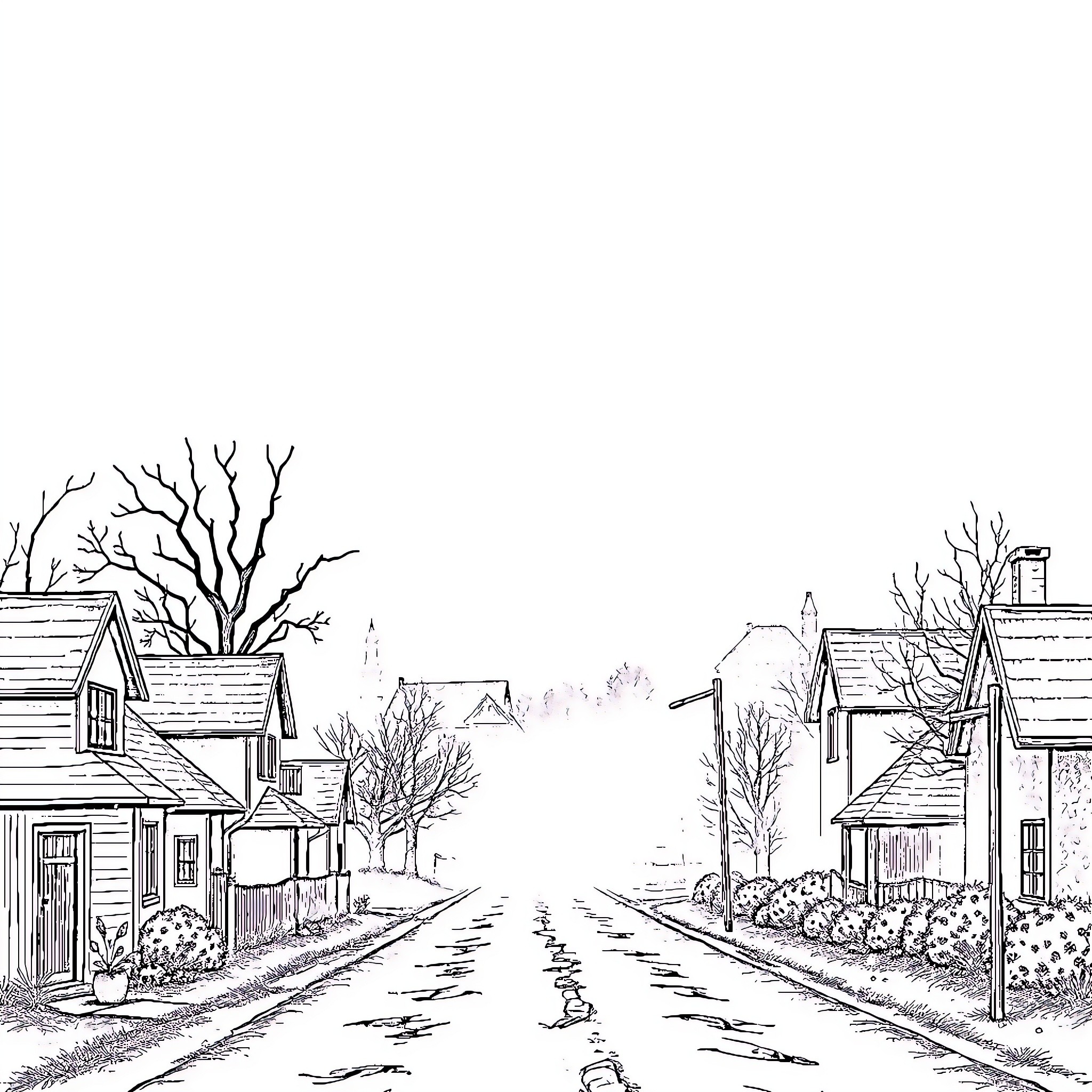 Mystery Peaceful Village in Wintertime Coloring Page (free black-and-white line drawing printable PDF for all, from beginners to advanced learners, including children, teens, adults, and seniors)