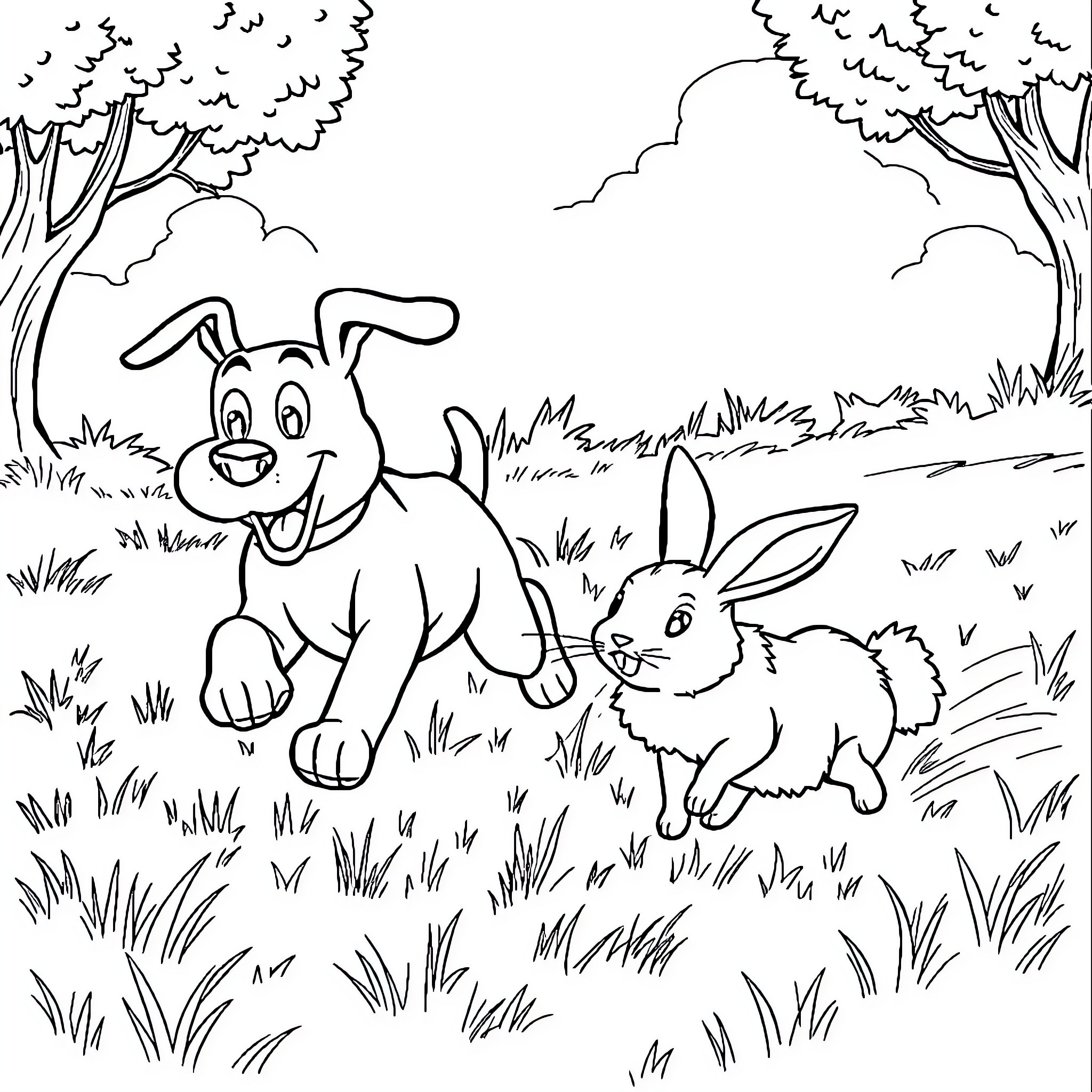 Doug's Delightful Canine and Lagomorph Adventure Coloring Page (free black-and-white line drawing printable PDF for all, from beginners to advanced learners, including children, teens, adults, and seniors)