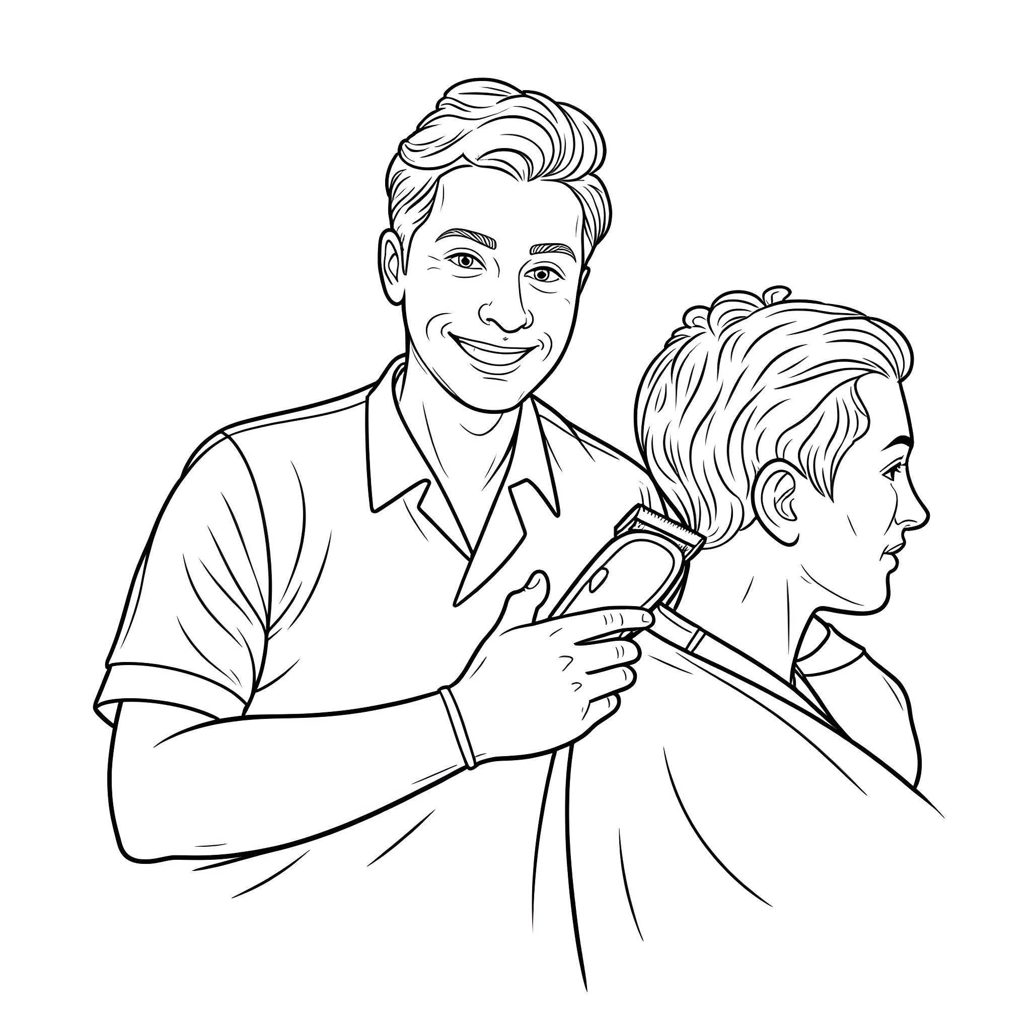 Barber Cutting the Hair of a Young Customer Coloring Page (free black-and-white line drawing printable PDF for all, from beginners to advanced learners, including children, teens, adults, and seniors)