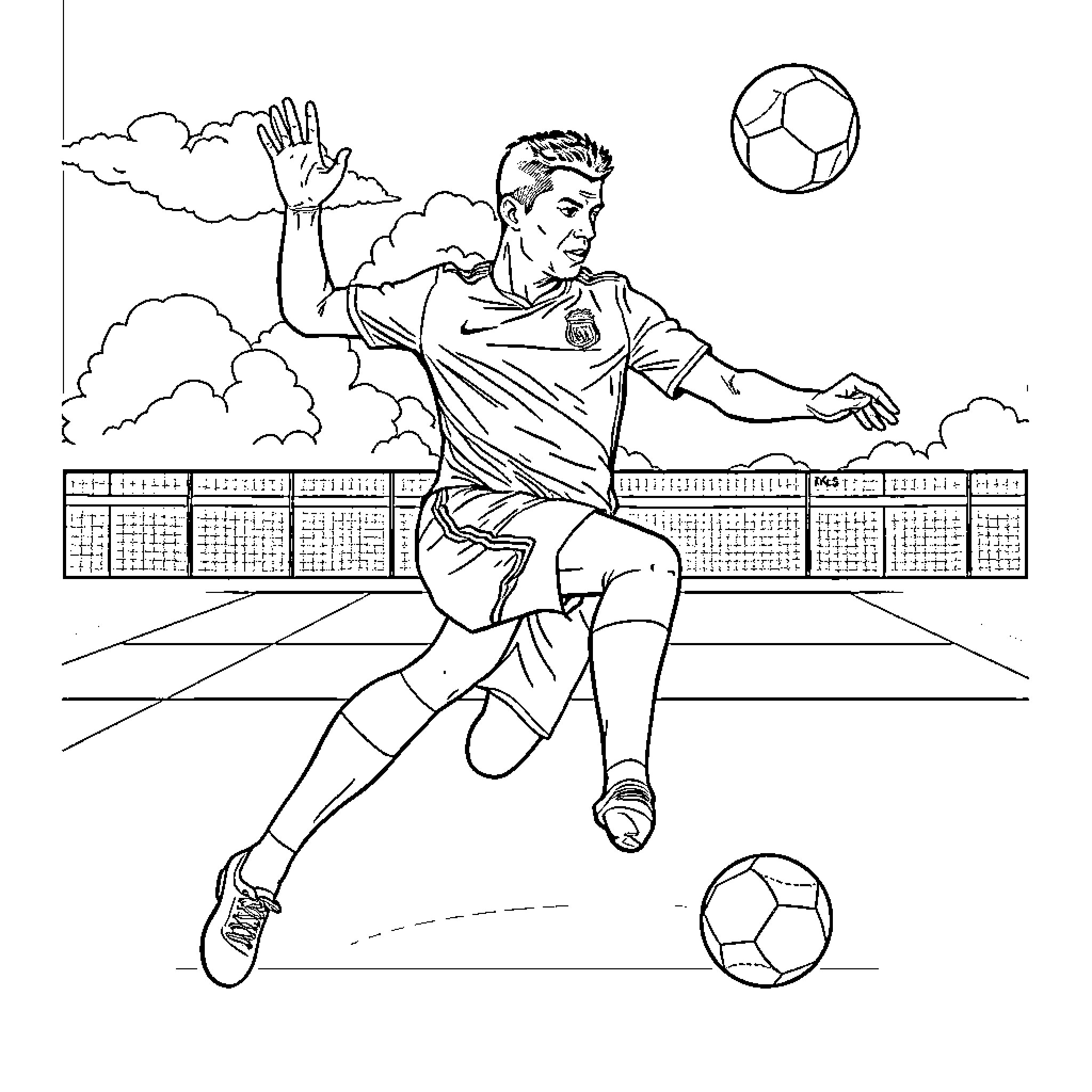 Cristiano Ronaldo playing soccer on the field Coloring Page (free black-and-white line drawing printable PDF for all, from beginners to advanced learners, including children, teens, adults, and seniors)