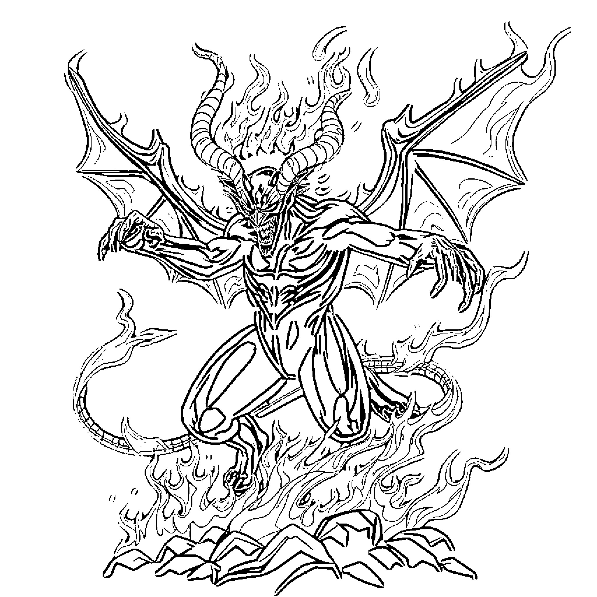 Demon Unleashing Fiery Wrath upon the Realm Coloring Page (free black-and-white line drawing printable PDF for all, from beginners to advanced learners, including children, teens, adults, and seniors)