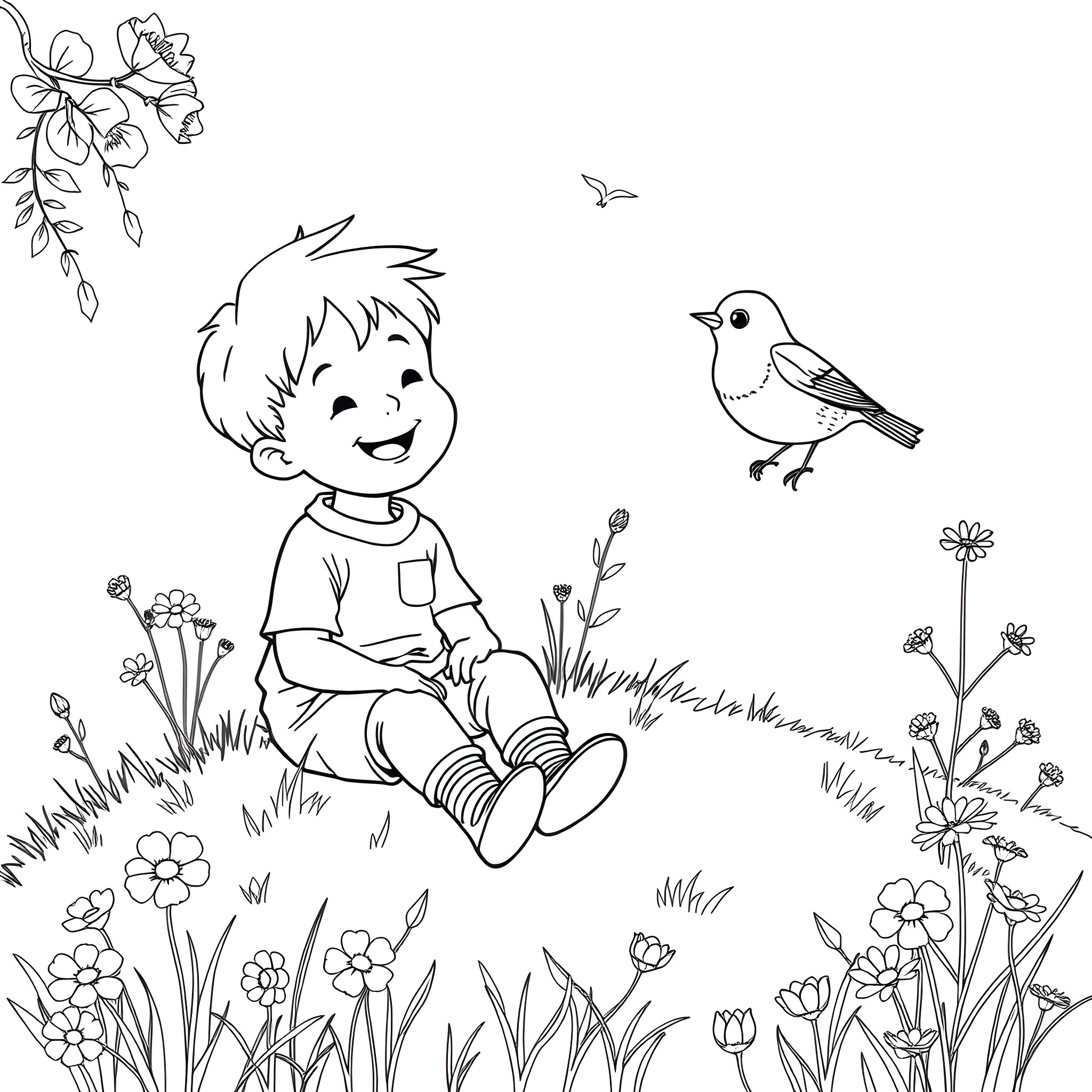Boy enjoying nature with a bird friend Coloring Page (free black-and-white line drawing printable PDF for all, from beginners to advanced learners, including children, teens, adults, and seniors)
