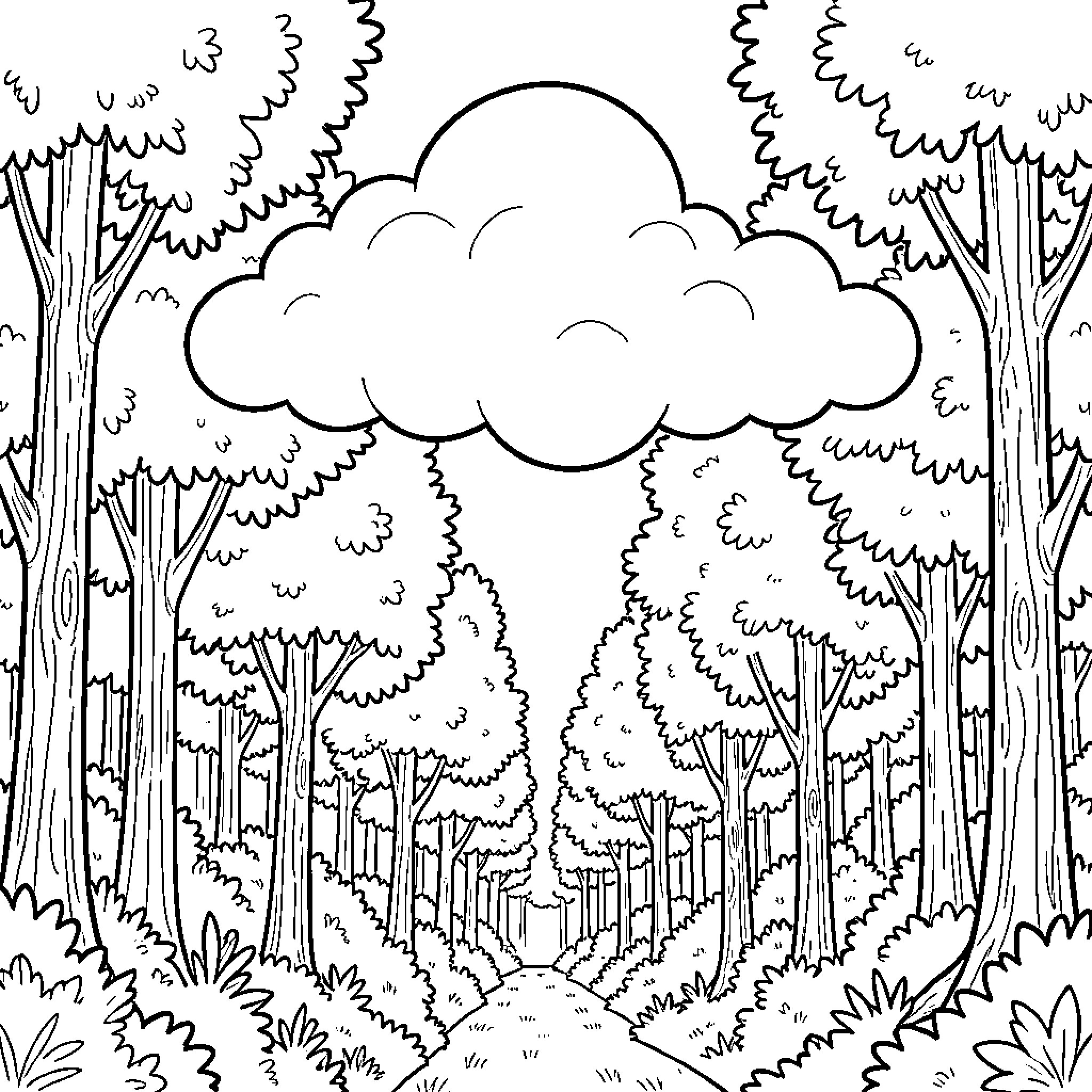Cloud forest landscape in black and white Coloring Page (free black-and-white line drawing printable PDF for all, from beginners to advanced learners, including children, teens, adults, and seniors)