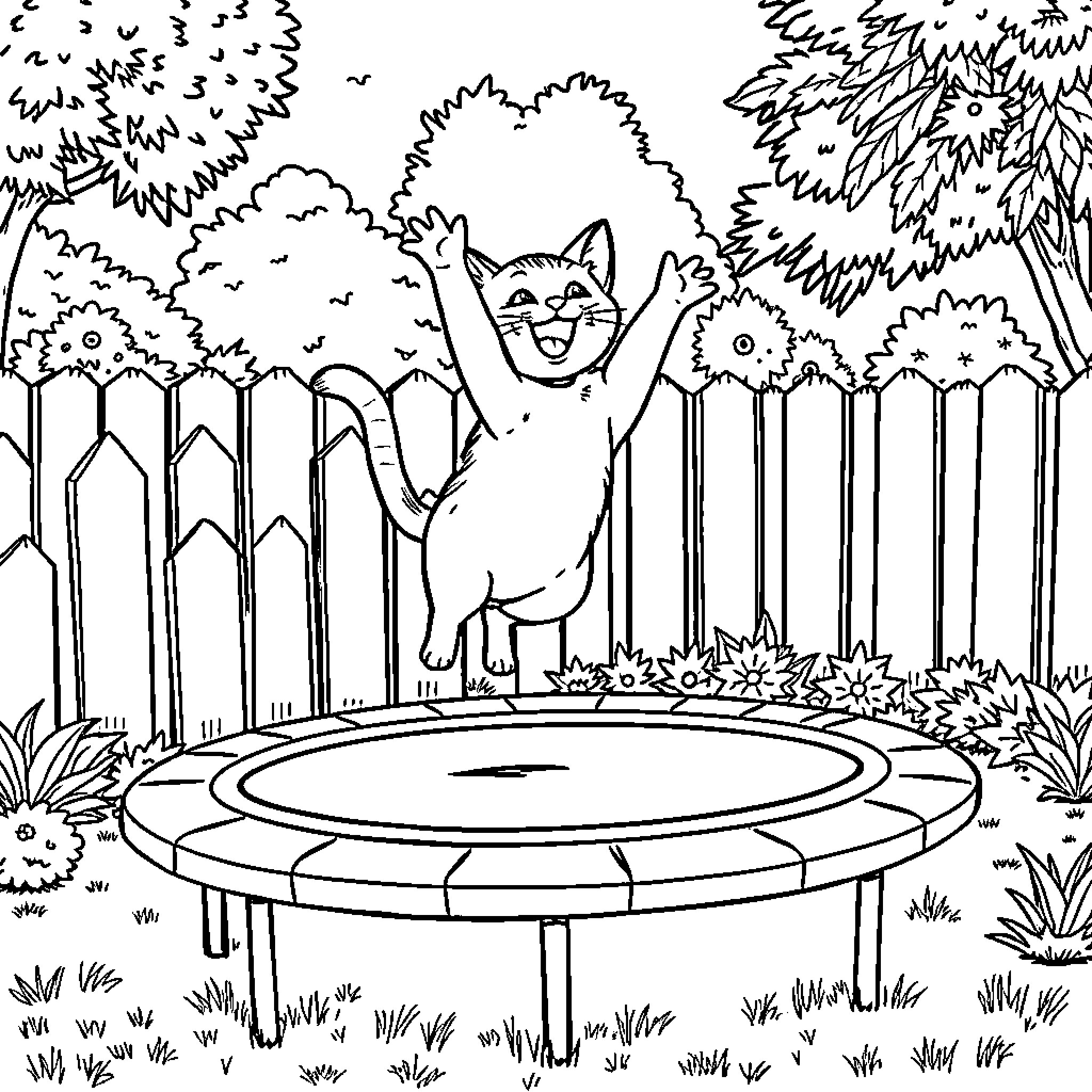 Cat enjoying trampoline in backyard Coloring Page (free black-and-white line drawing printable PDF for all, from beginners to advanced learners, including children, teens, adults, and seniors)