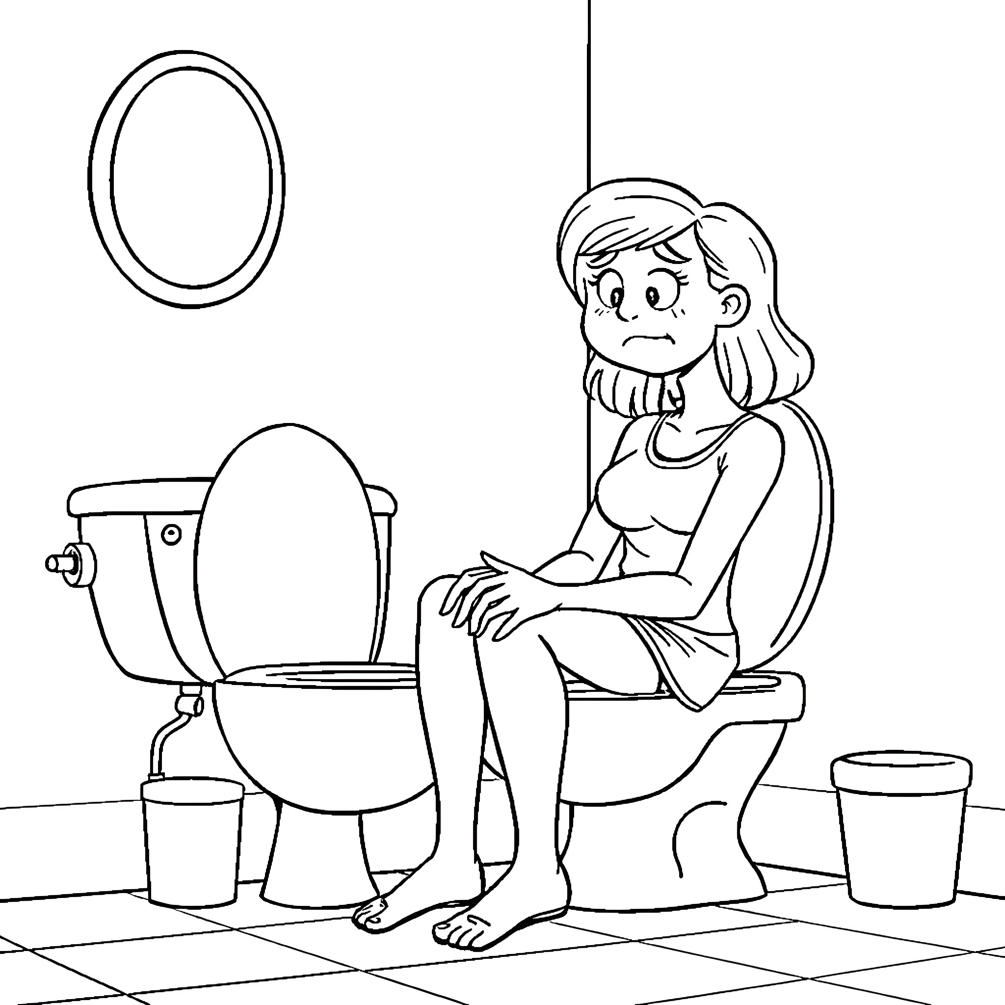Mom having a distressed moment in the bathroom Coloring Page (free black-and-white line drawing printable PDF for all, from beginners to advanced learners, including children, teens, adults, and seniors)