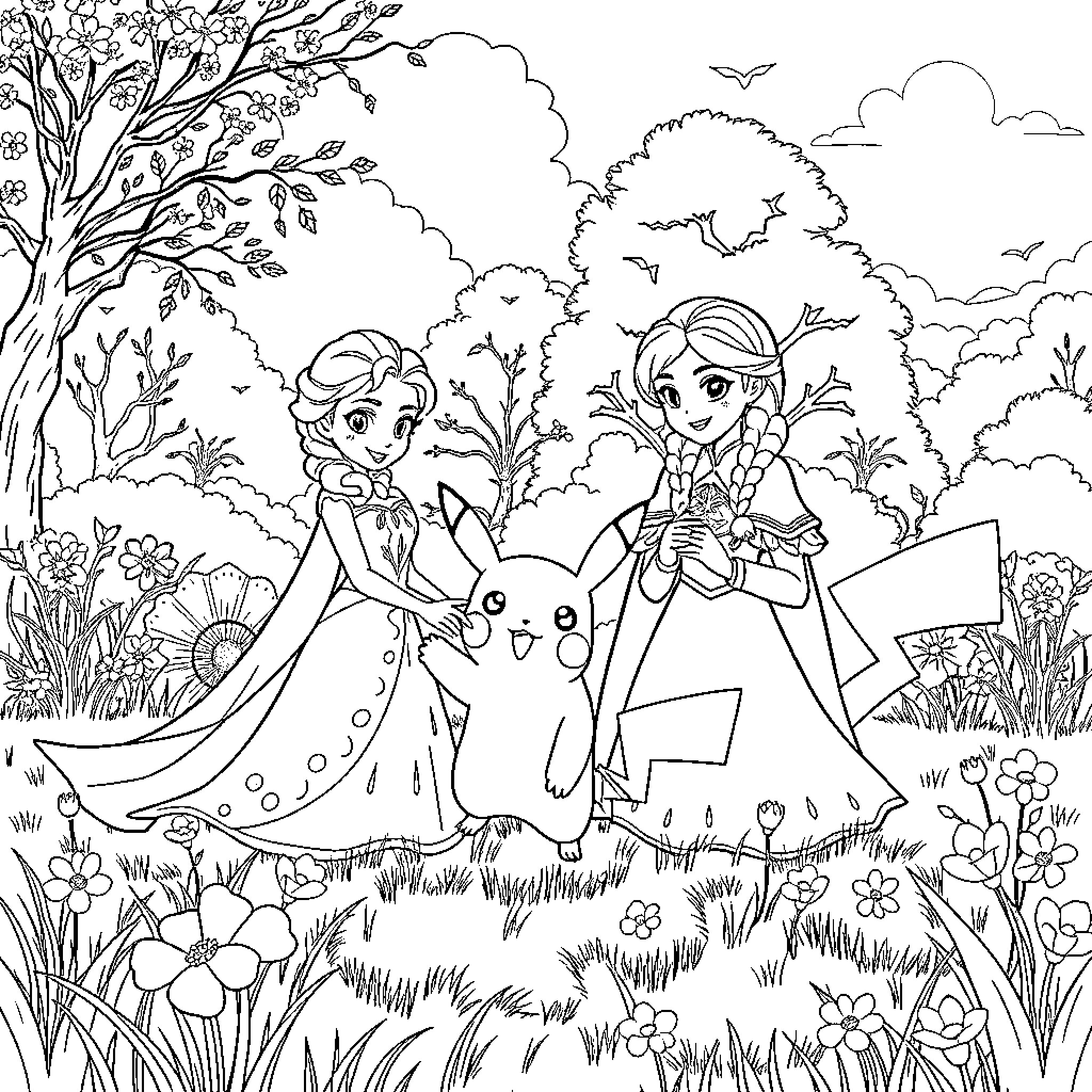Elsa and Anna exploring the magical forest Coloring Page (free black-and-white line drawing printable PDF for all, from beginners to advanced learners, including children, teens, adults, and seniors)